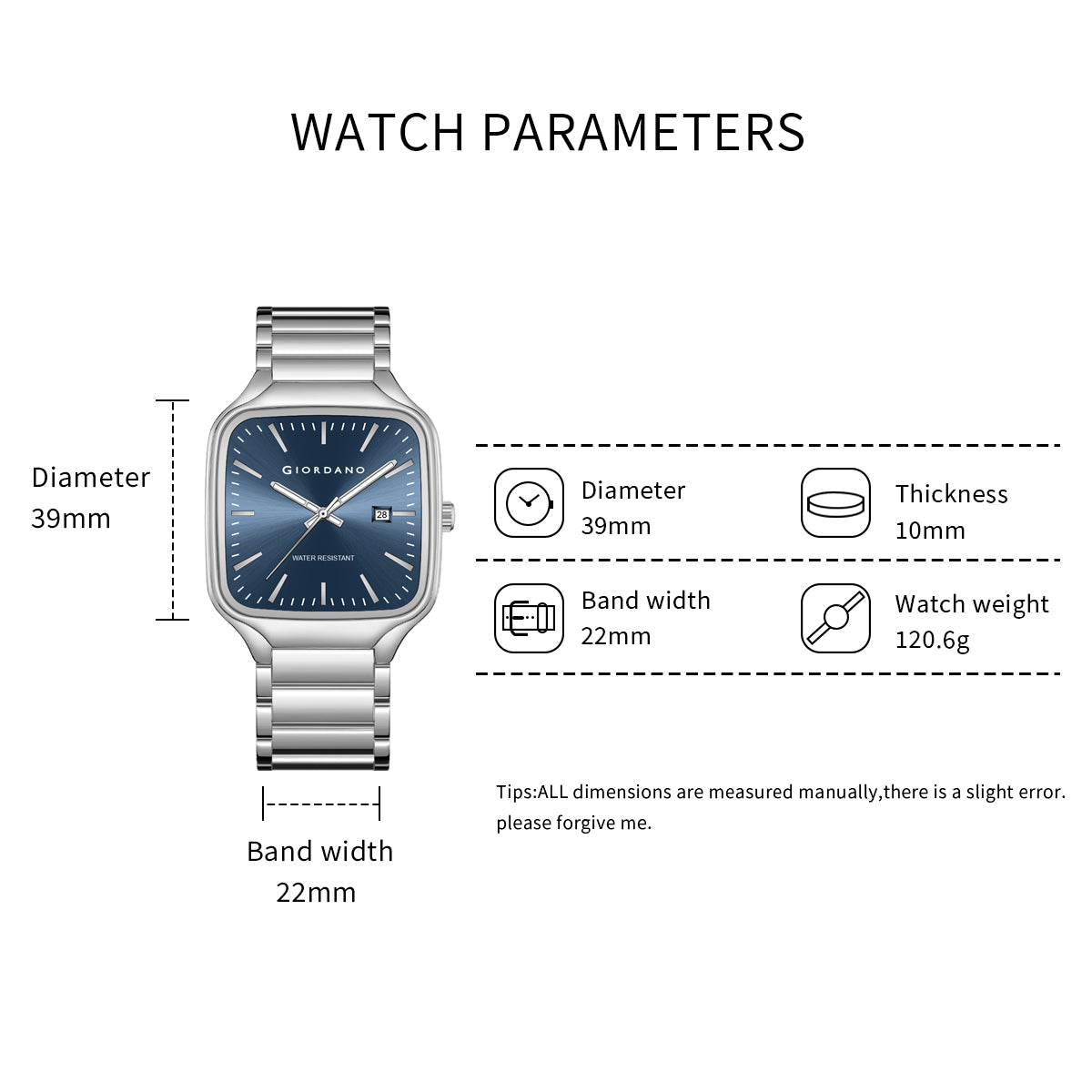 Giordano Analog Watch for Men – Square Dial, Stainless Steel Strap, Date Display, Water Resistant Classic Dress Watch | GZ-50163-22