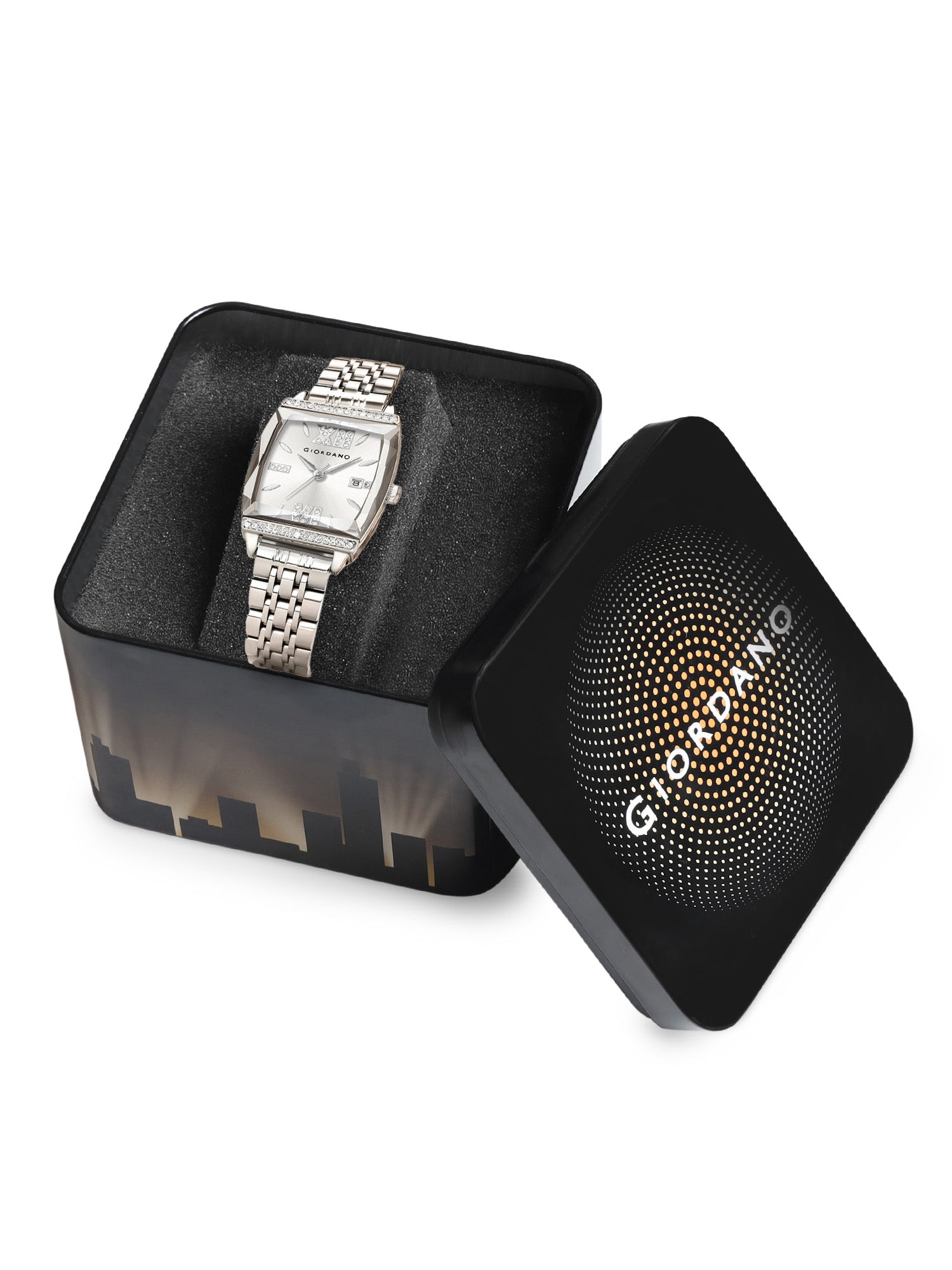 Giordano Analog Watch for Women – Elegant Square Cut-Glass Dial, Crystal Roman Numerals, Stainless Steel Strap – Stylish Luxury Timepiece & Gift | GZ-60117-11