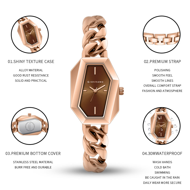 Giordano Stylish Analog Watch for Women – Hexagon Dial, Trendy Chain Link Stainless Steel Strap, Elegant Dress Timepiece | GZ-60122-11