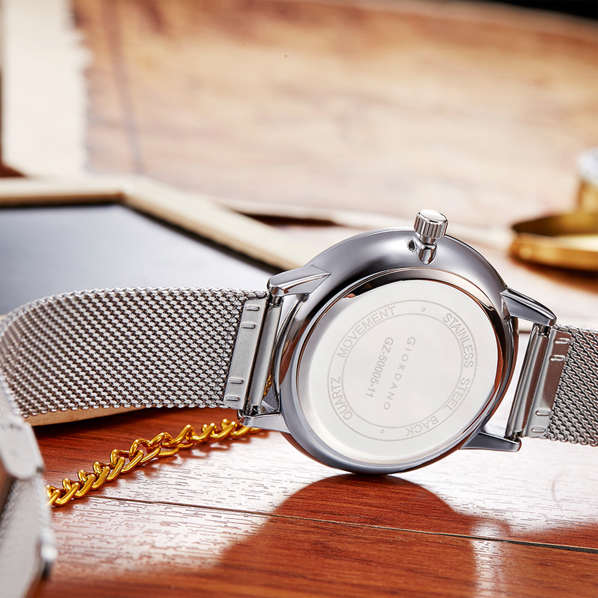 Giordano Skyscrapper Collection Multi-Function Rose Gold Watch for Man with White Dial and Rose Gold Metal Mesh Strap Wrist Watches for Men, with Classy Mesh Band | GZ-50005-11