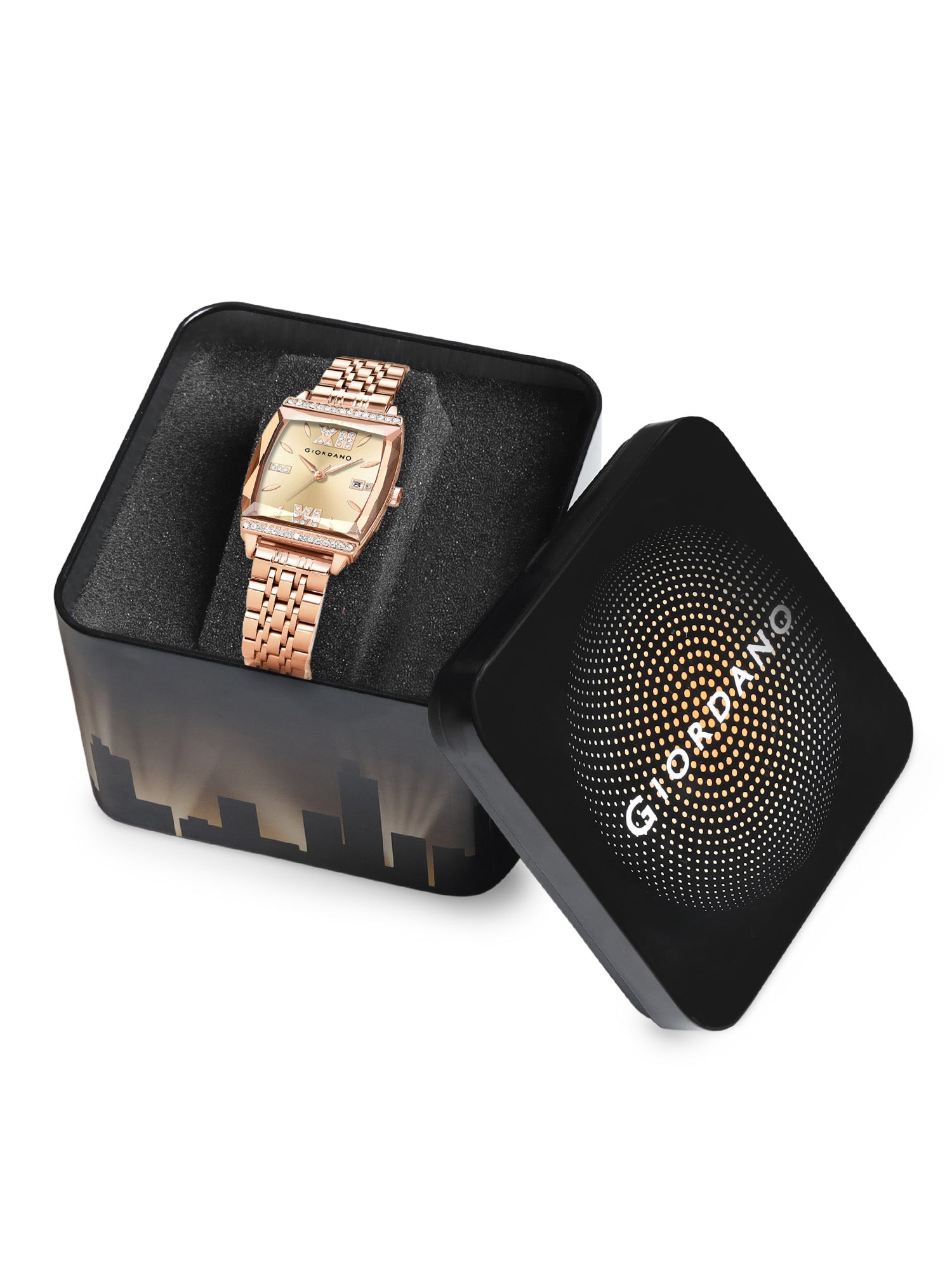 Giordano Analog Watch for Women – Elegant Square Cut-Glass Dial, Crystal Roman Numerals, Stainless Steel Strap – Stylish Luxury Timepiece & Gift | GZ-60117-44