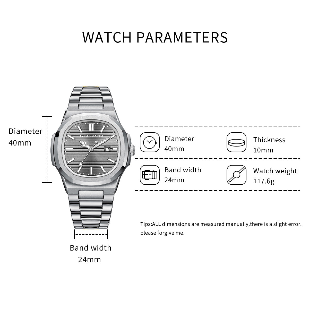 Giordano Analog Watch for Men – Textured Dial, Stainless Steel Strap, Date Display, Quartz Movement, Water Resistant | GZ-50134-66