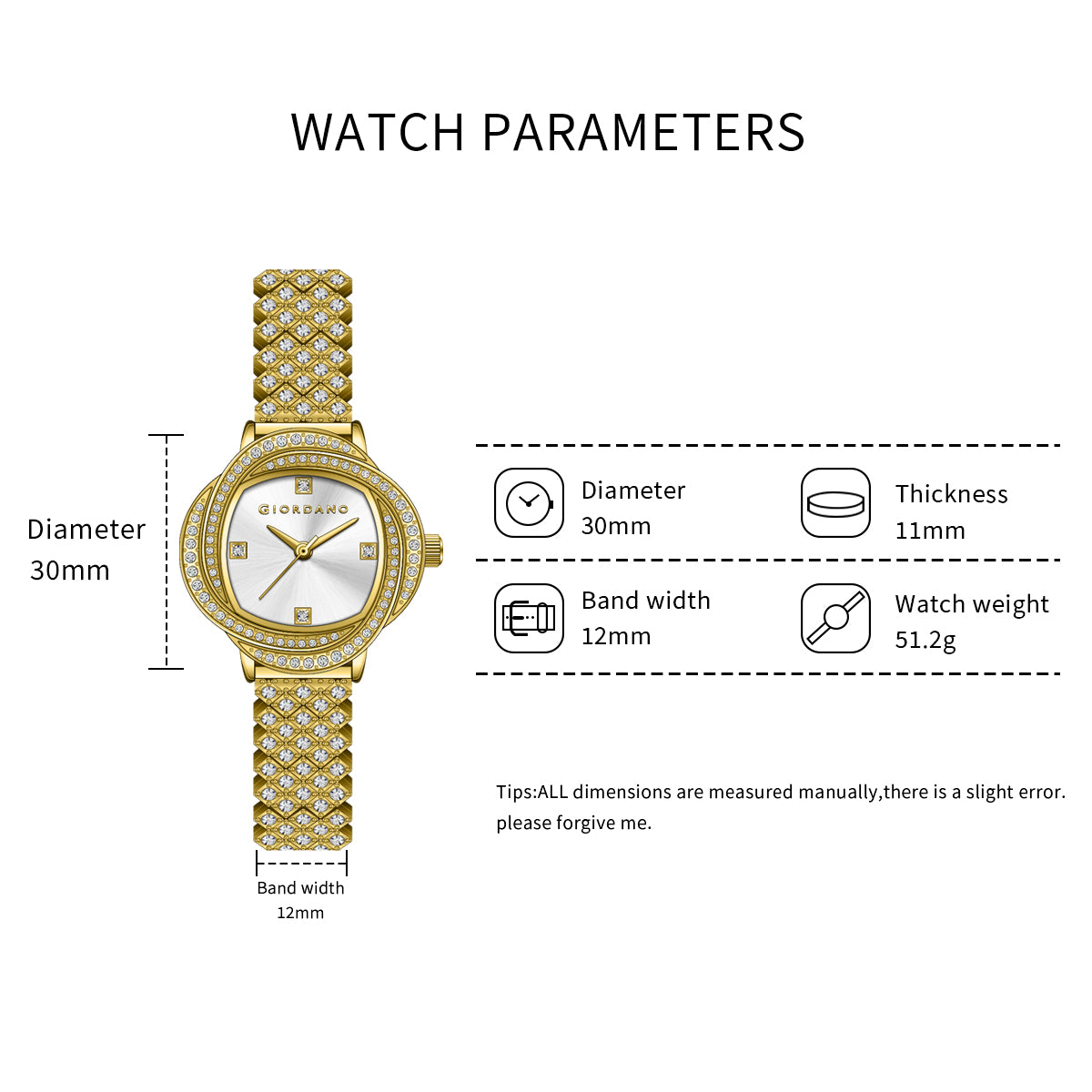 Giordano Luxury Crystal Watch for Women, Stainless Steel Strap, Diamond-Studded Bezel, Elegant Dress Timepiece | GZ-60120-11