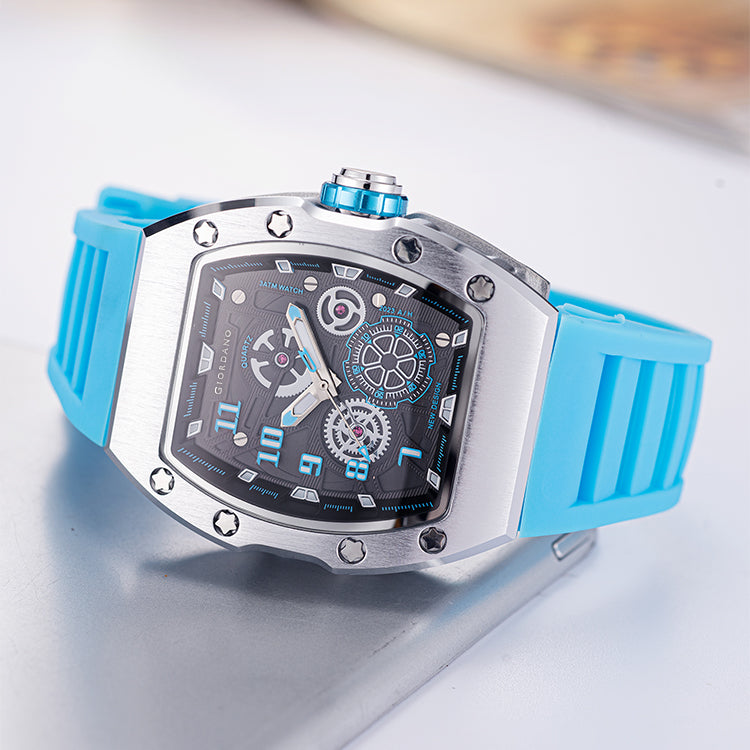 Giordano Sqaure Analog Casual Sporty Watch for Men – Mechanical-Inspired Design dial, Quartz Movement, silicon strap and date display | GZ-50150-04