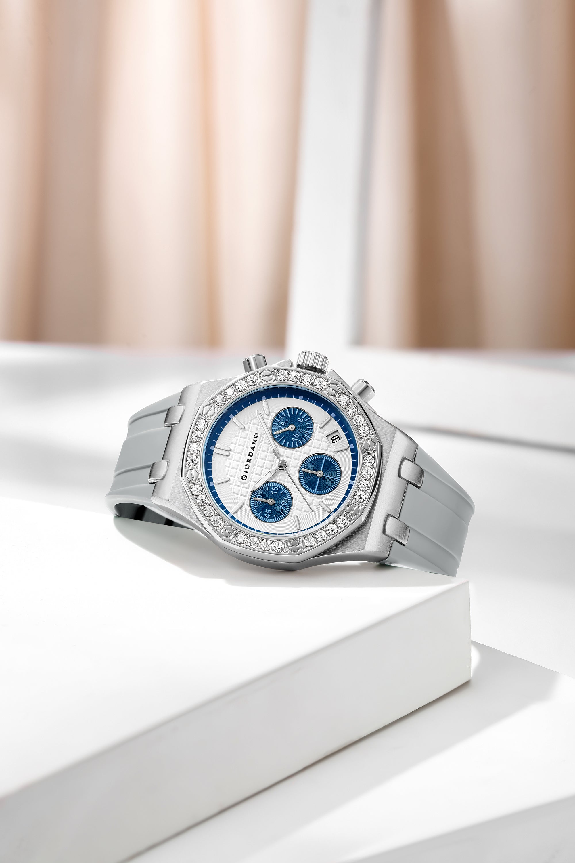 Giordano Chronograph Watch for Women | Stainless Steel Case, Crystal bezel | Modern & Stylish Timepiece with Comfortable Silicone Strap | GZ-50154-11