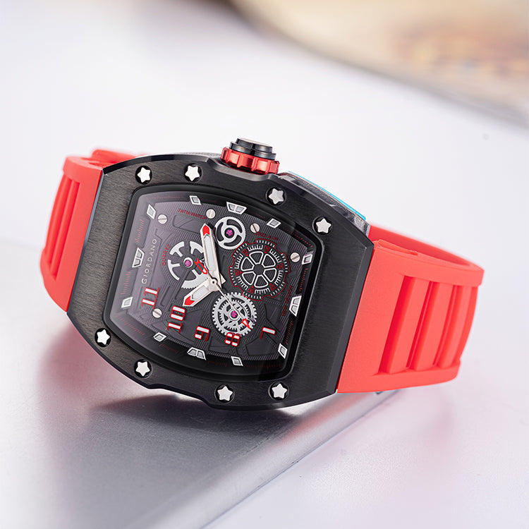 Giordano Sqaure Analog Casual Sporty Watch for Men – Mechanical-Inspired Design dial, Quartz Movement, silicon strap and date display | GZ-50150-02