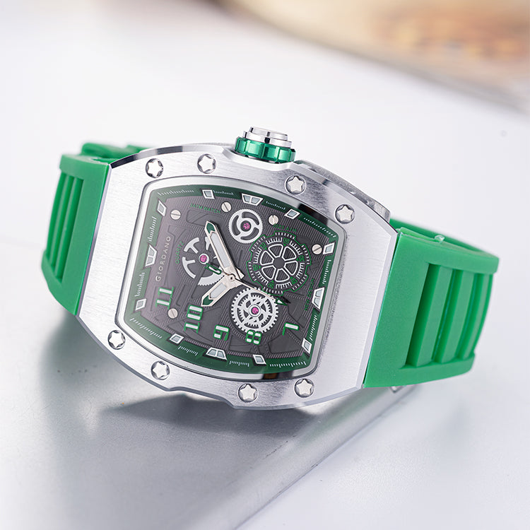 Giordano Sqaure Analog Casual Sporty Watch for Men – Mechanical-Inspired Design dial, Quartz Movement, silicon strap and date display | GZ-50150-03