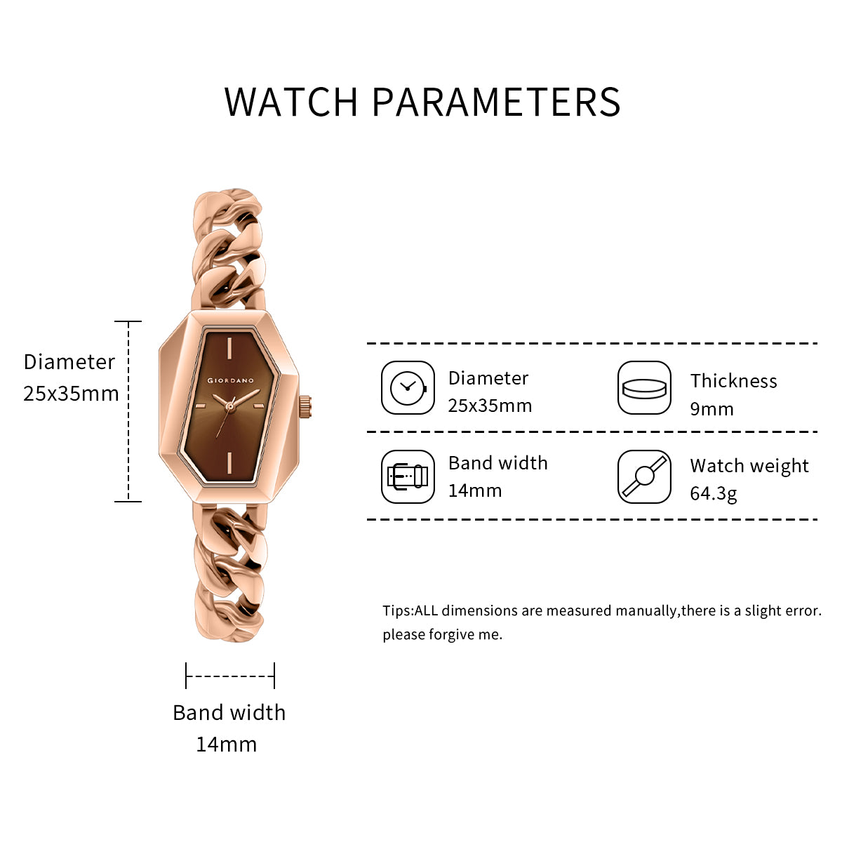 Giordano Stylish Analog Watch for Women – Hexagon Dial, Trendy Chain Link Stainless Steel Strap, Elegant Dress Timepiece | GZ-60122-11