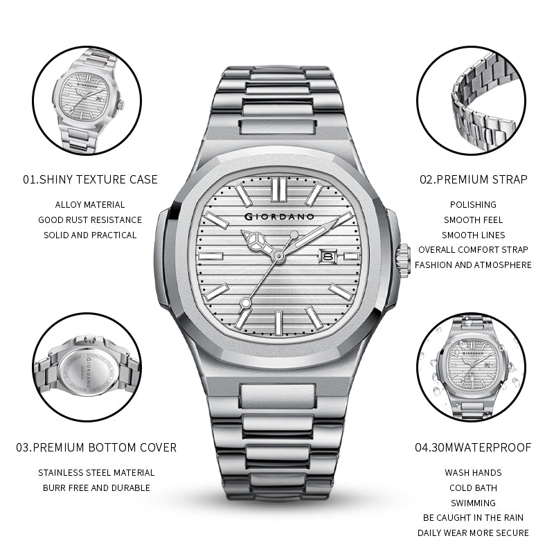 Giordano Analog Watch for Men – Textured Dial, Stainless Steel Strap, Date Display, Quartz Movement, Water Resistant | GZ-50134-66