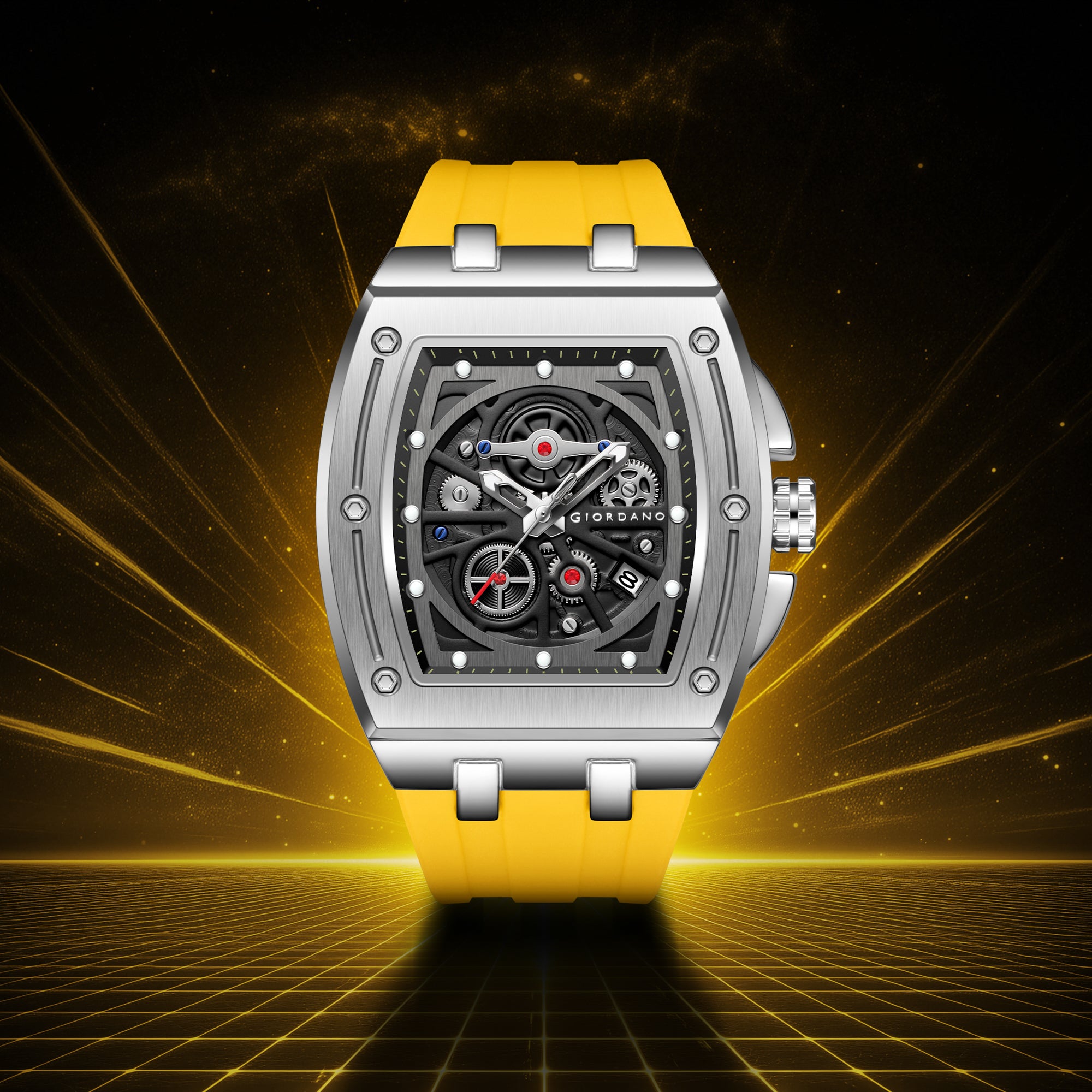 Giordano Sqaure Analog Casual Sporty Watch for Men – Mechanical-Inspired Dial, Date Display, Quartz Movement and Comfortable Silicone Strap | GZ-50151-04