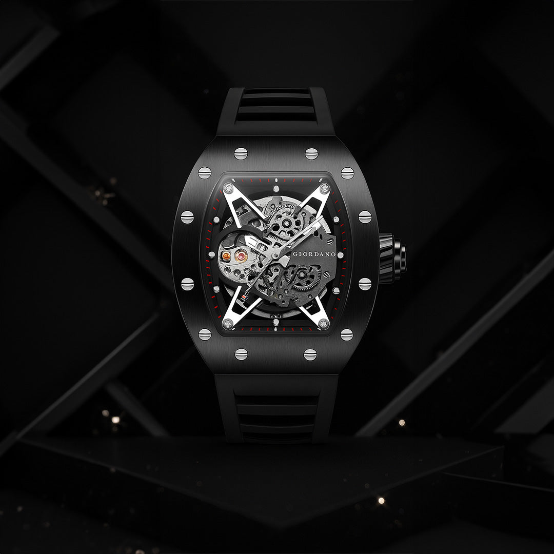 Giordano Automatic Wrist Watch for Men - Open Skeleton Dial | Brushed Steel Case Mechanical Movement with Silicone Strap | GZ-50145-01