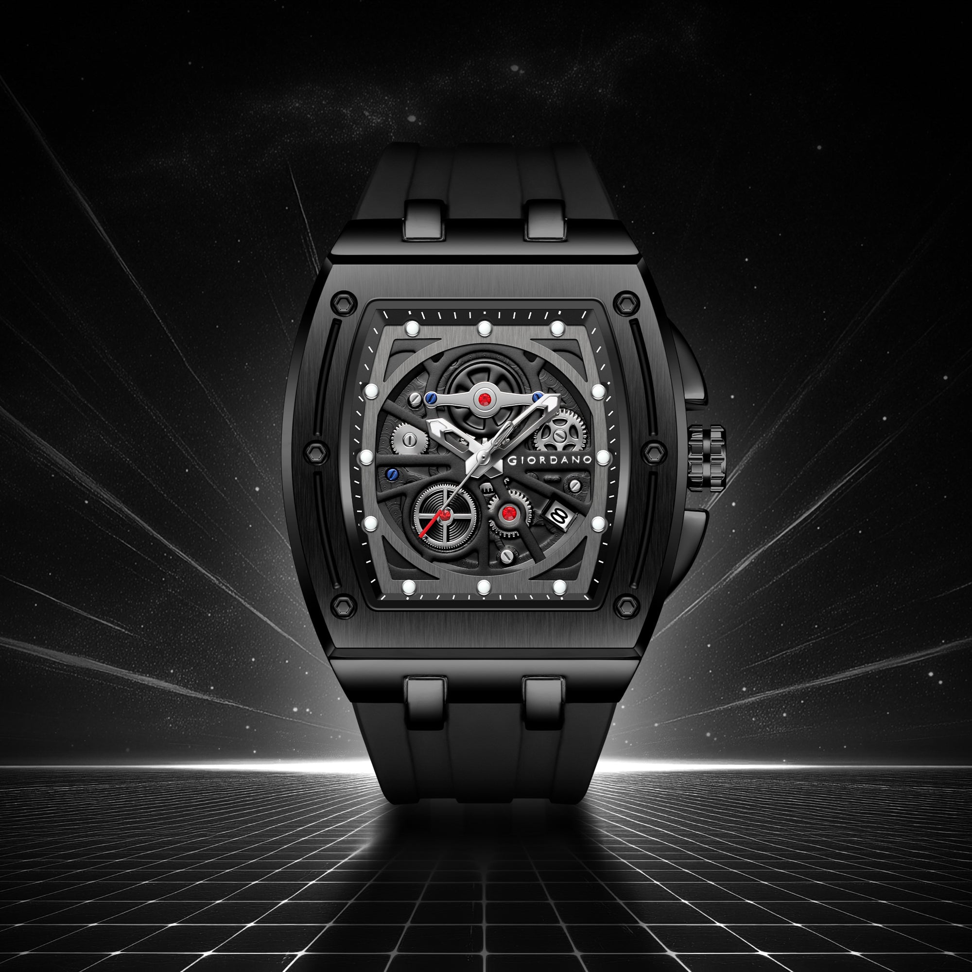 Giordano Sqaure Analog Casual Sporty Watch for Men – Mechanical-Inspired Dial, Date Display, Quartz Movement and Comfortable Silicone Strap | GZ-50151-01