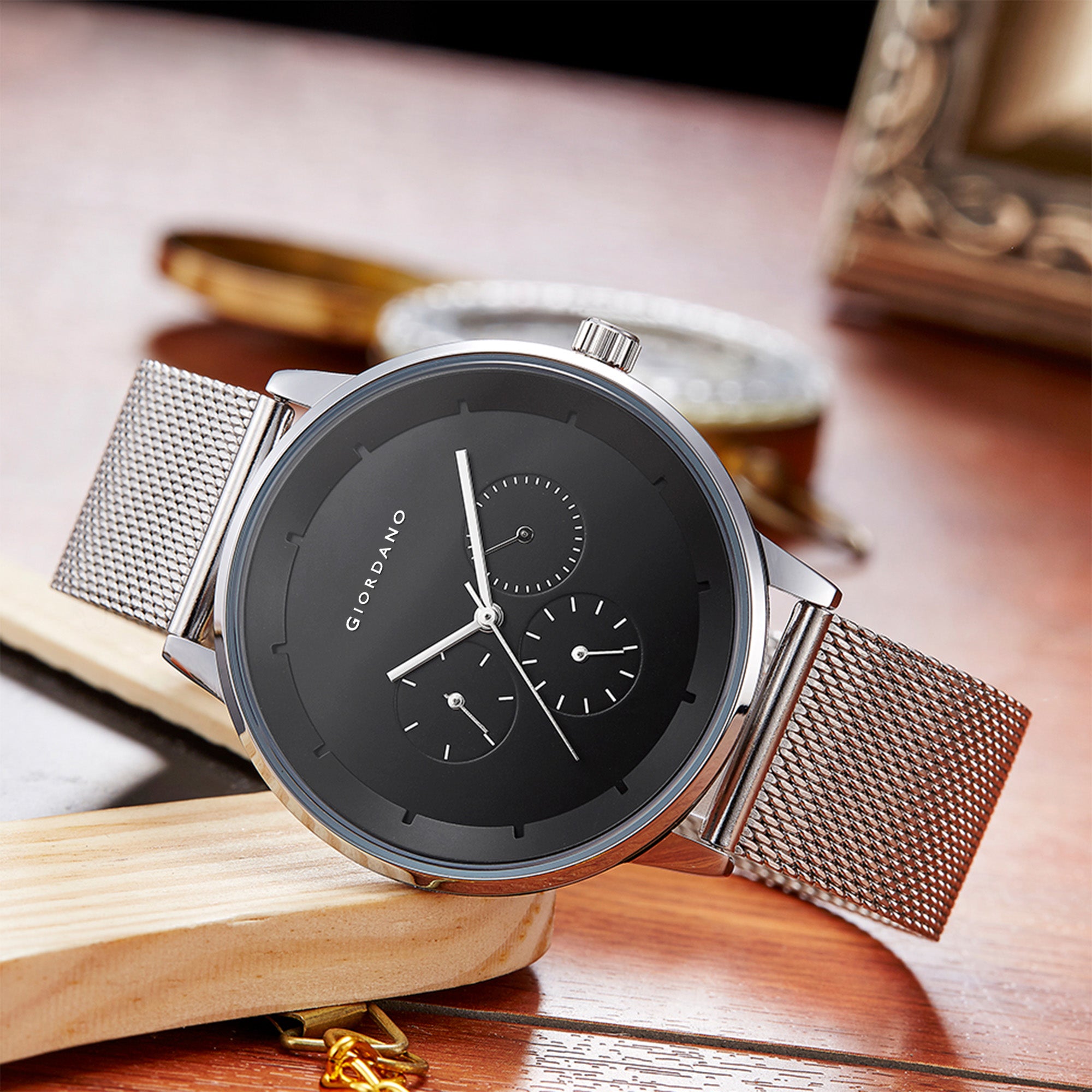 Giordano Skyscrapper Collection Multi-Function Rose Gold Watch for Man with White Dial and Rose Gold Metal Mesh Strap Wrist Watches for Men, with Classy Mesh Band | GZ-50005-11