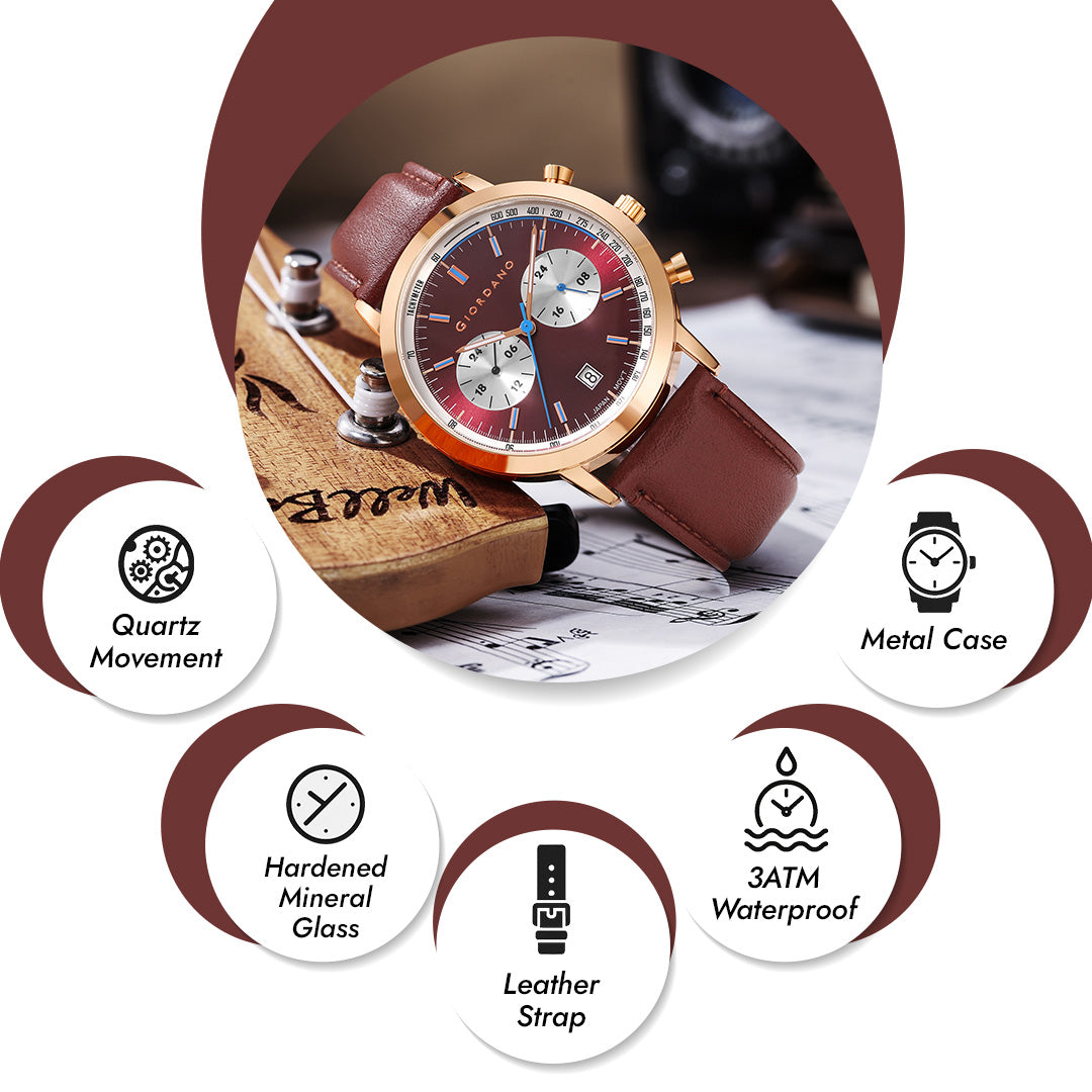 Giordano Analog Stylish Multi-Functional Watch for Men with Round Shape dial, Japanese Quartz and Leather Strap | GZ-50089-03