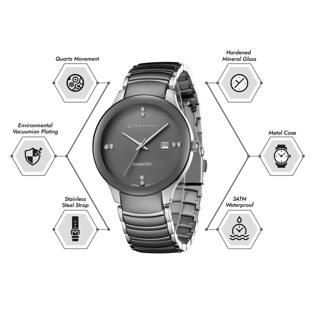 Giordano Classic Analog Watch for Men with Diamond Accents and Stainless Steel Strap GZ-50102-22
