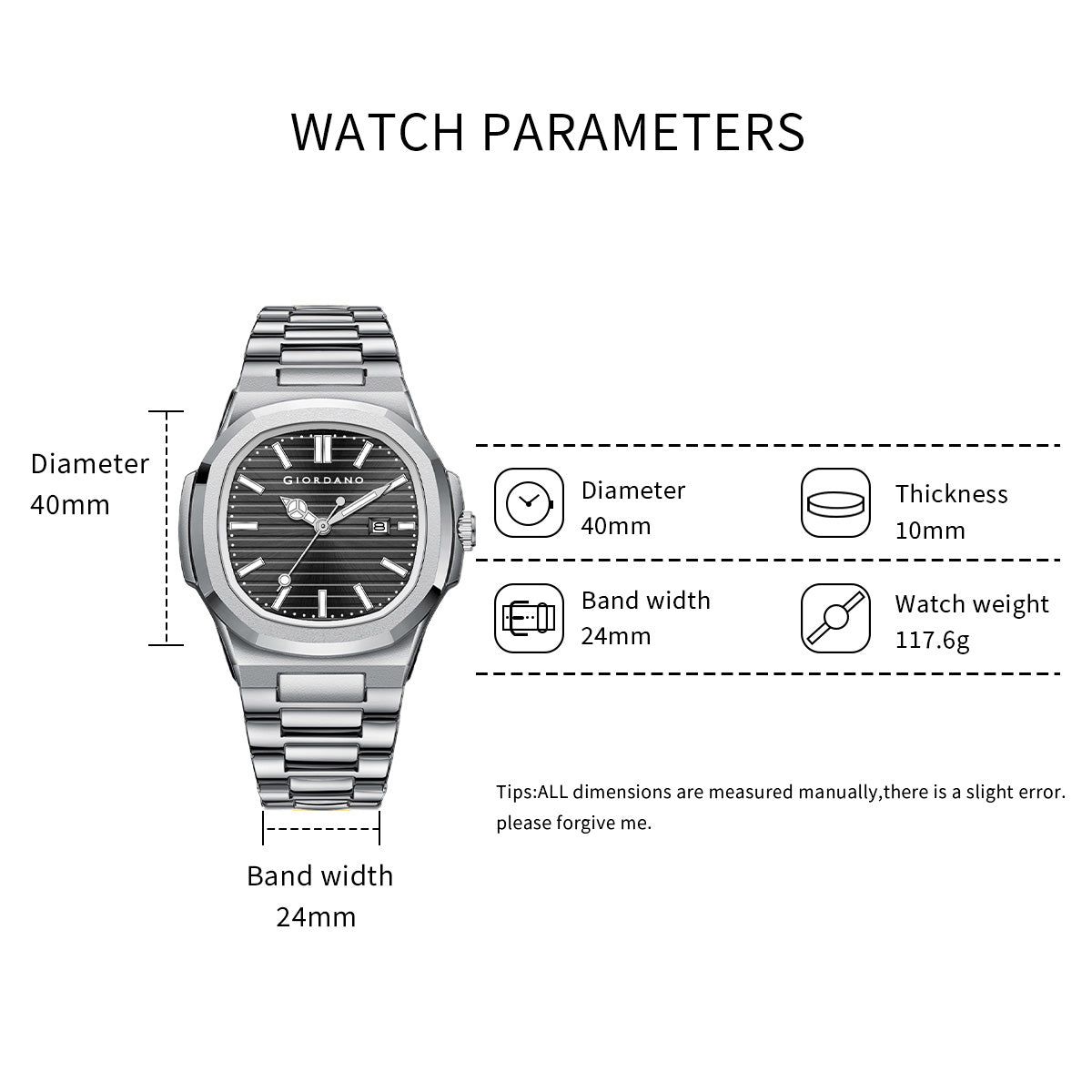 Giordano Analog Watch for Men – Textured Dial, Stainless Steel Strap, Date Display, Quartz Movement, Water Resistant | GZ-50134-22