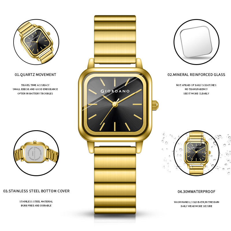 Giordano Classic Square Watch for Women – Polished Stainless Steel Strap, Minimalist Compact Design | GZ-60098-22