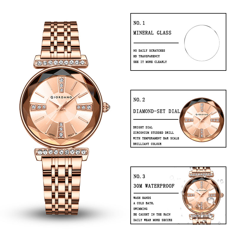 Giordano Stylish Diamond Studded Analog Wrist Watch for Women with Elegant Diamond Cut Glass and Glass Coated Stainless Steel Strap | GZ-60084-33