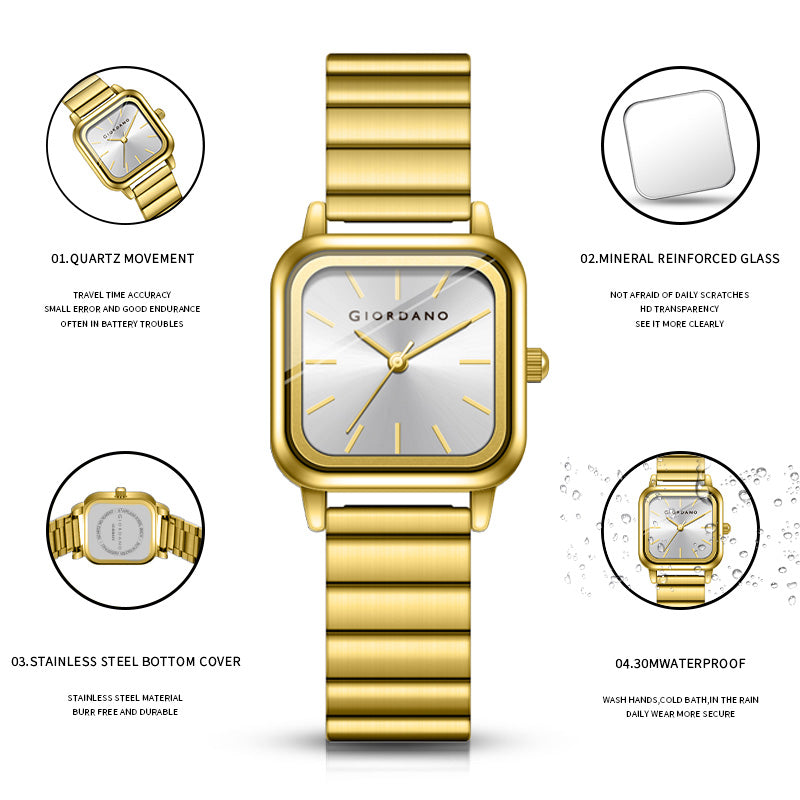 Giordano Classic Square Watch for Women – Polished Stainless Steel Strap, Minimalist Compact Design | GZ-60098-66