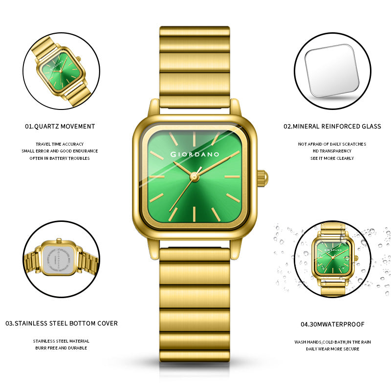Giordano Classic Square Watch for Women – Polished Stainless Steel Strap, Minimalist Compact Design | GZ-60098-44