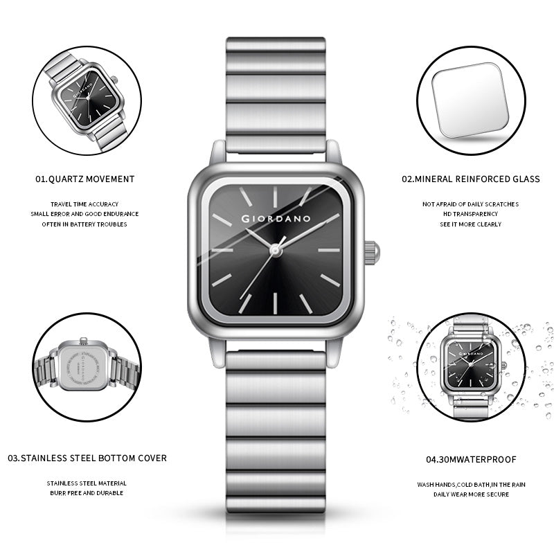 Giordano Classic Square Watch for Women – Polished Stainless Steel Strap, Minimalist Compact Design | GZ-60098-11