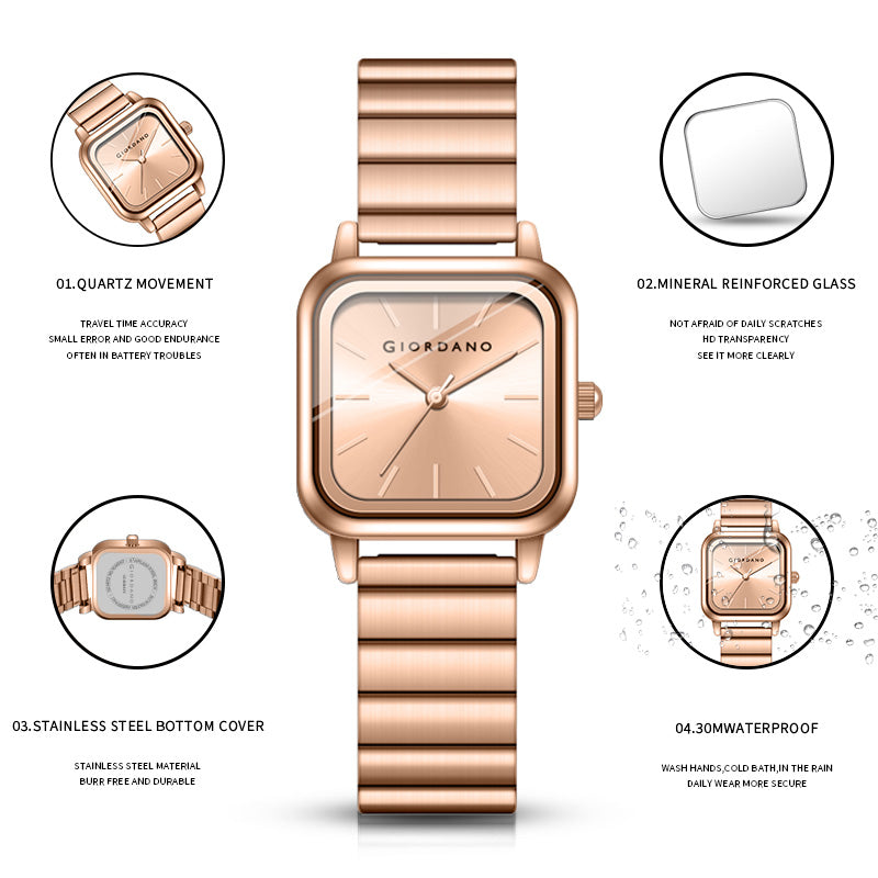 Giordano Classic Square Watch for Women – Polished Stainless Steel Strap, Minimalist Compact Design | GZ-60098-77