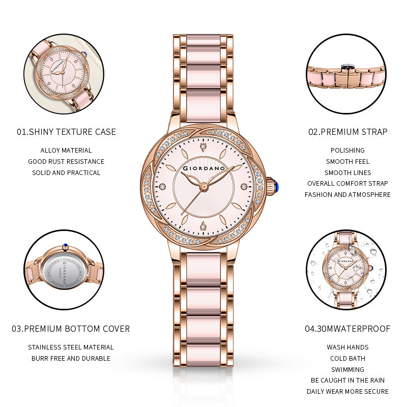Giordano Flower Case Watch for Women with Crystal-Studded Bezel, Diamond Hour Markers & Dual Tone Stainless Strap | GZ-60095-22