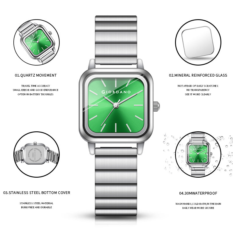 Giordano Classic Square Watch for Women – Polished Stainless Steel Strap, Minimalist Compact Design | GZ-60098-33