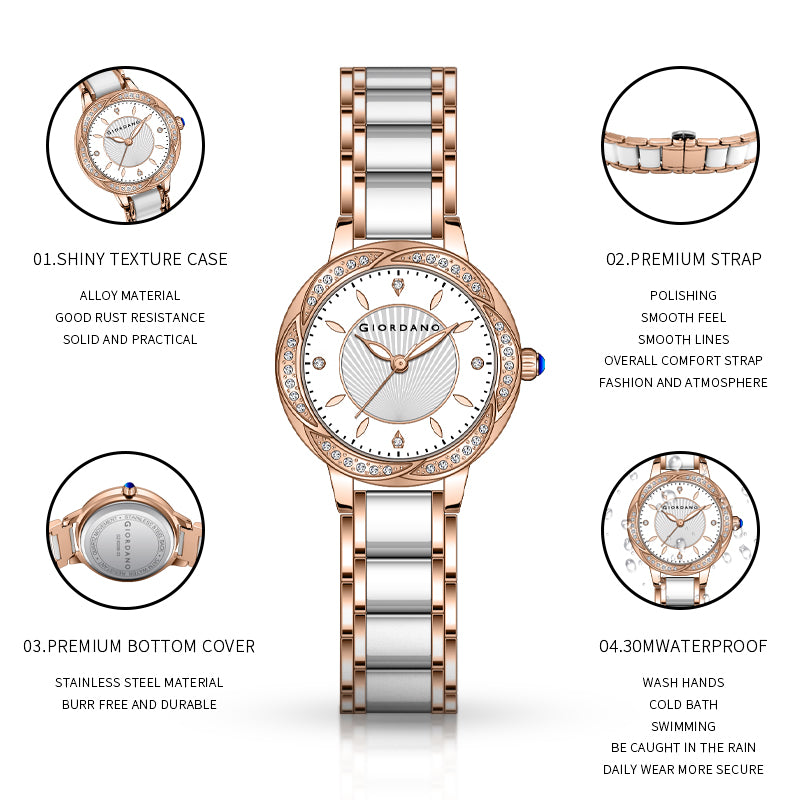 Giordano Flower Case Watch for Women with Crystal-Studded Bezel, Diamond Hour Markers & Dual Tone Stainless Strap | GZ-60095-33