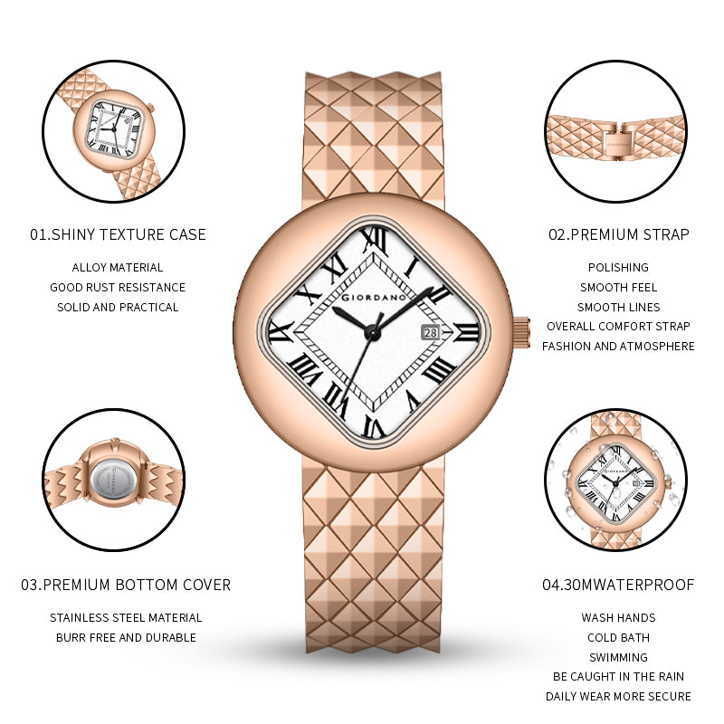 Giordano Elegant Analoge Watch for Women - Unique Rounded-Square Dial, Roman Numeral Dial, Date Display and Textured Stainless Steel Strap | GZ-60121-22