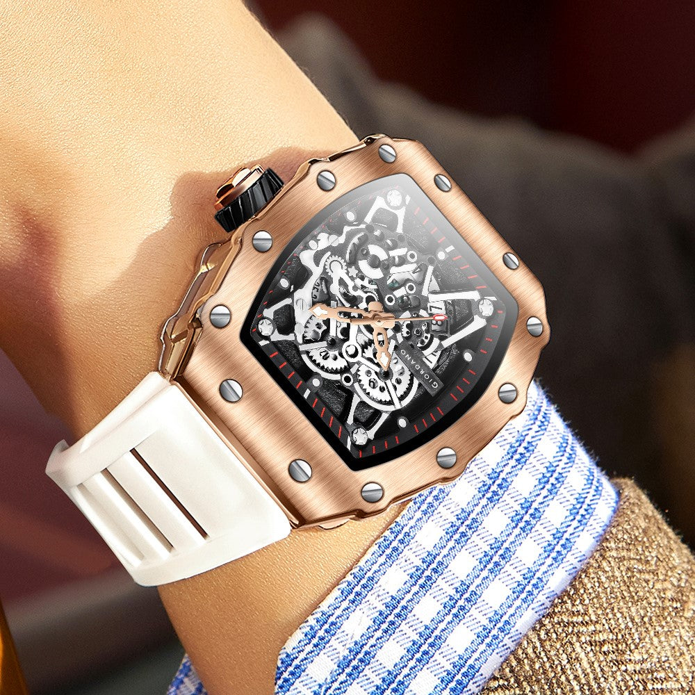 Giordano Analog Watch for Men - Skeleton-Style Dial | Brushed Steel Case with Silicone Strap | GZ-50127-04