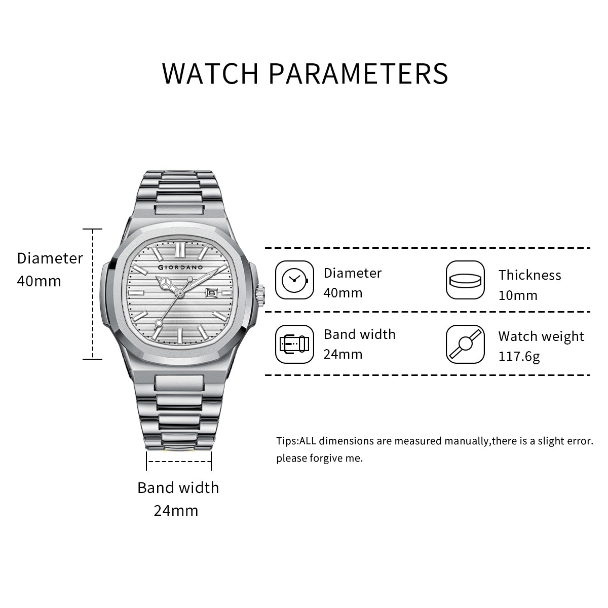 Giordano Analog Watch for Men – Textured Dial, Stainless Steel Strap, Date Display, Quartz Movement, Water Resistant | GZ-50134-33