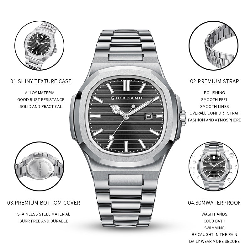 Giordano Analog Watch for Men – Textured Dial, Stainless Steel Strap, Date Display, Quartz Movement, Water Resistant | GZ-50134-22