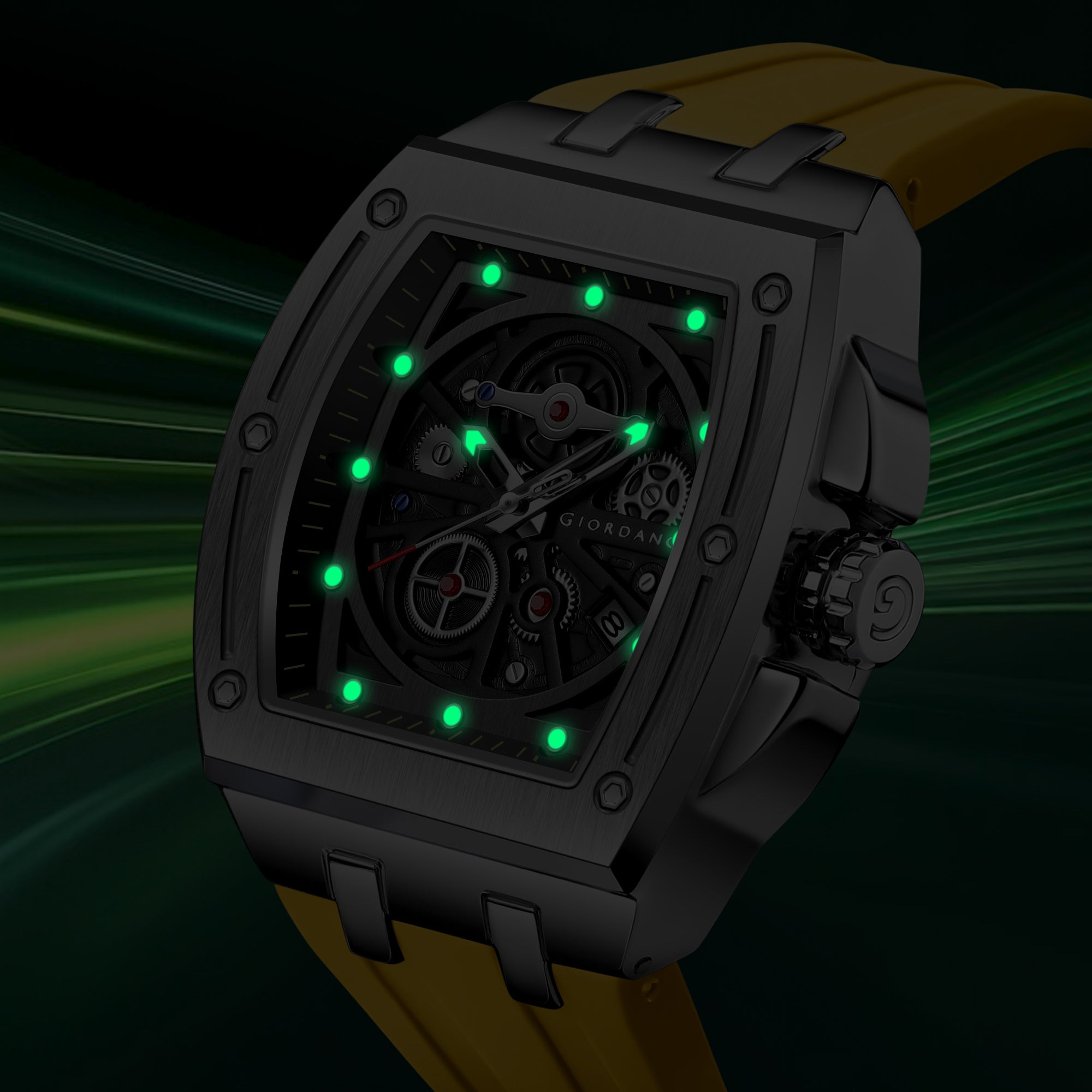 Giordano Sqaure Analog Casual Sporty Watch for Men – Mechanical-Inspired Dial, Date Display, Quartz Movement and Comfortable Silicone Strap | GZ-50151-04