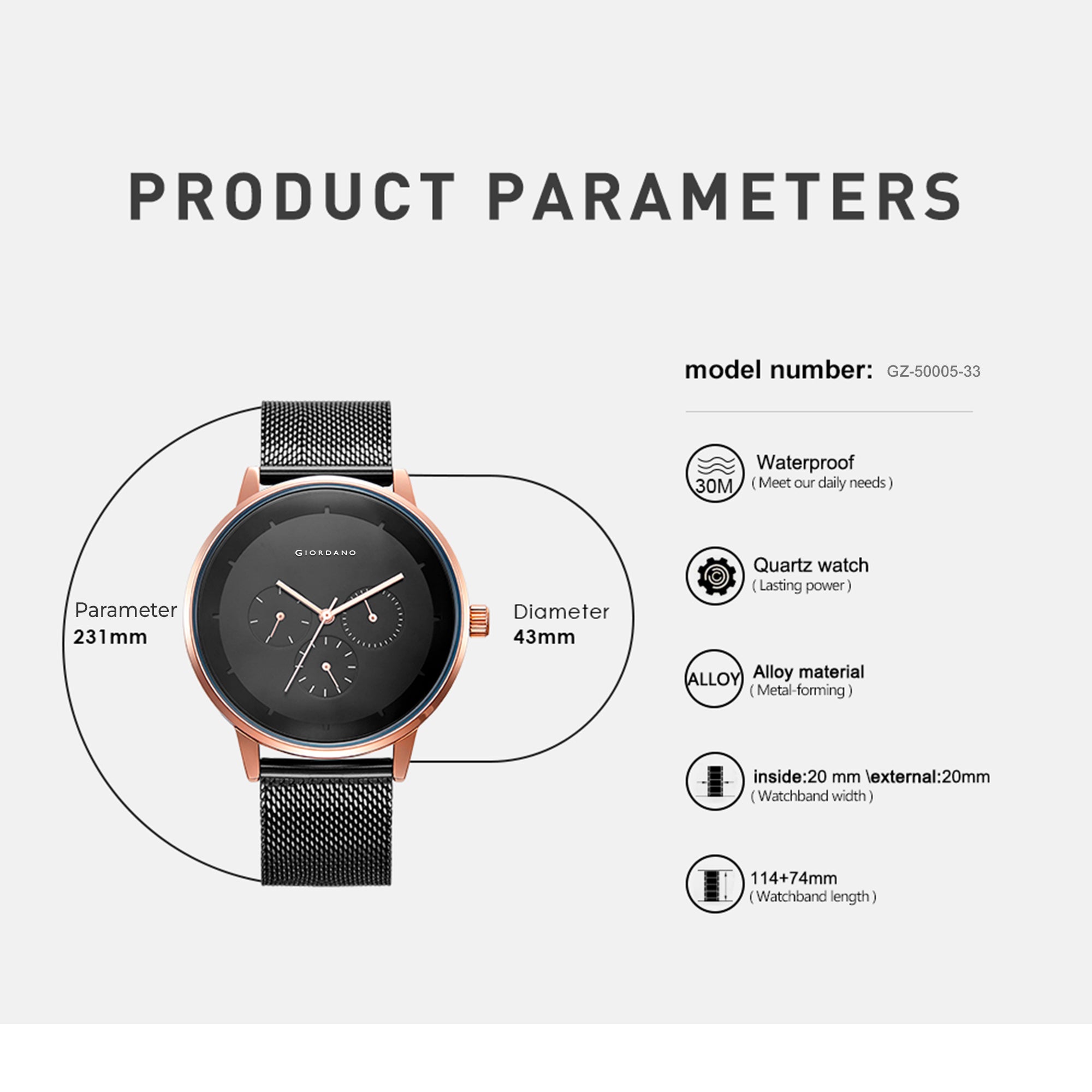 Giordano Skyscrapper Collection Multi-Function Rose Gold Watch for Man with White Dial and Rose Gold Metal Mesh Strap Wrist Watches for Men, with Classy Mesh Band | GZ-50005-33