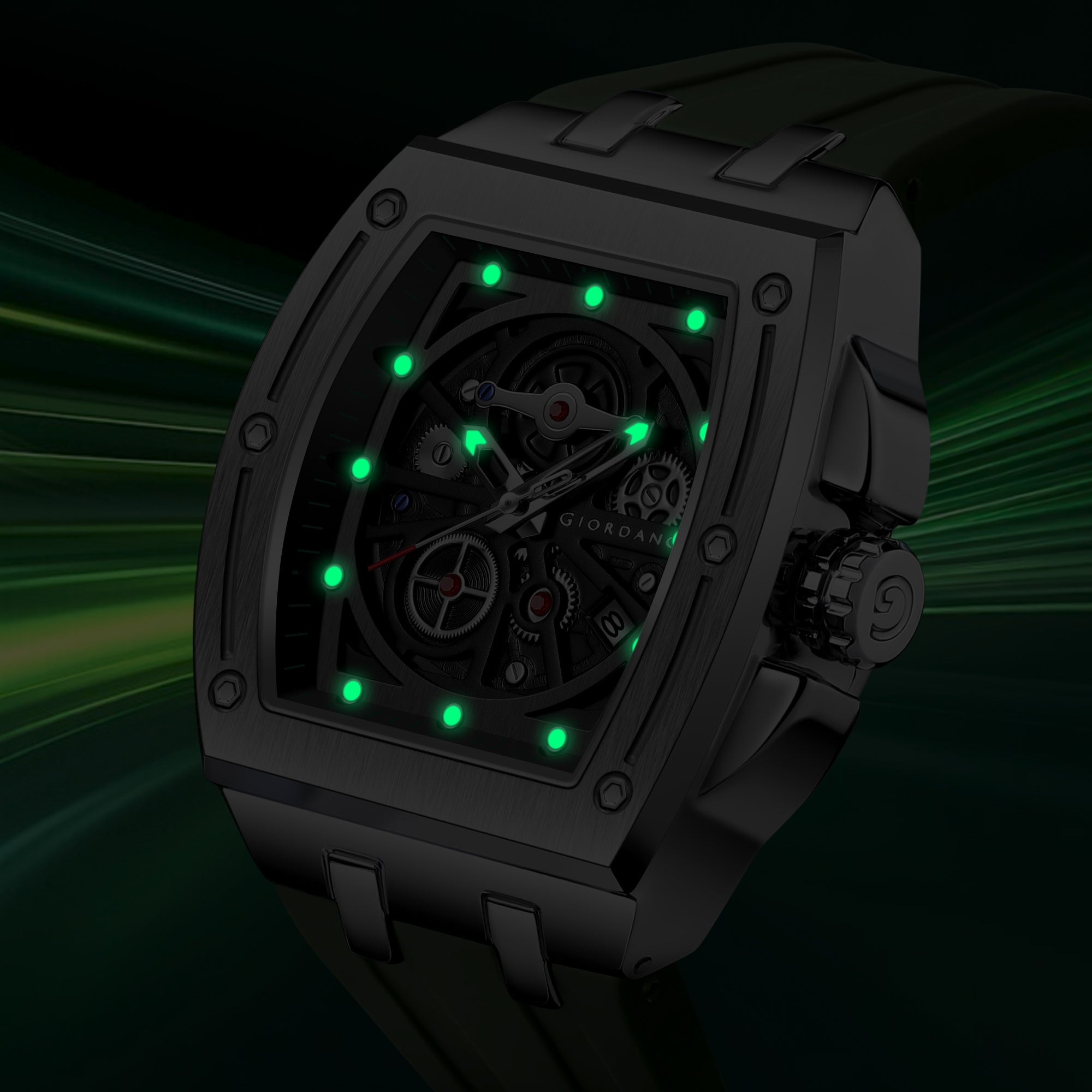 Giordano Sqaure Analog Casual Sporty Watch for Men – Mechanical-Inspired Dial, Date Display, Quartz Movement and Comfortable Silicone Strap | GZ-50151-03