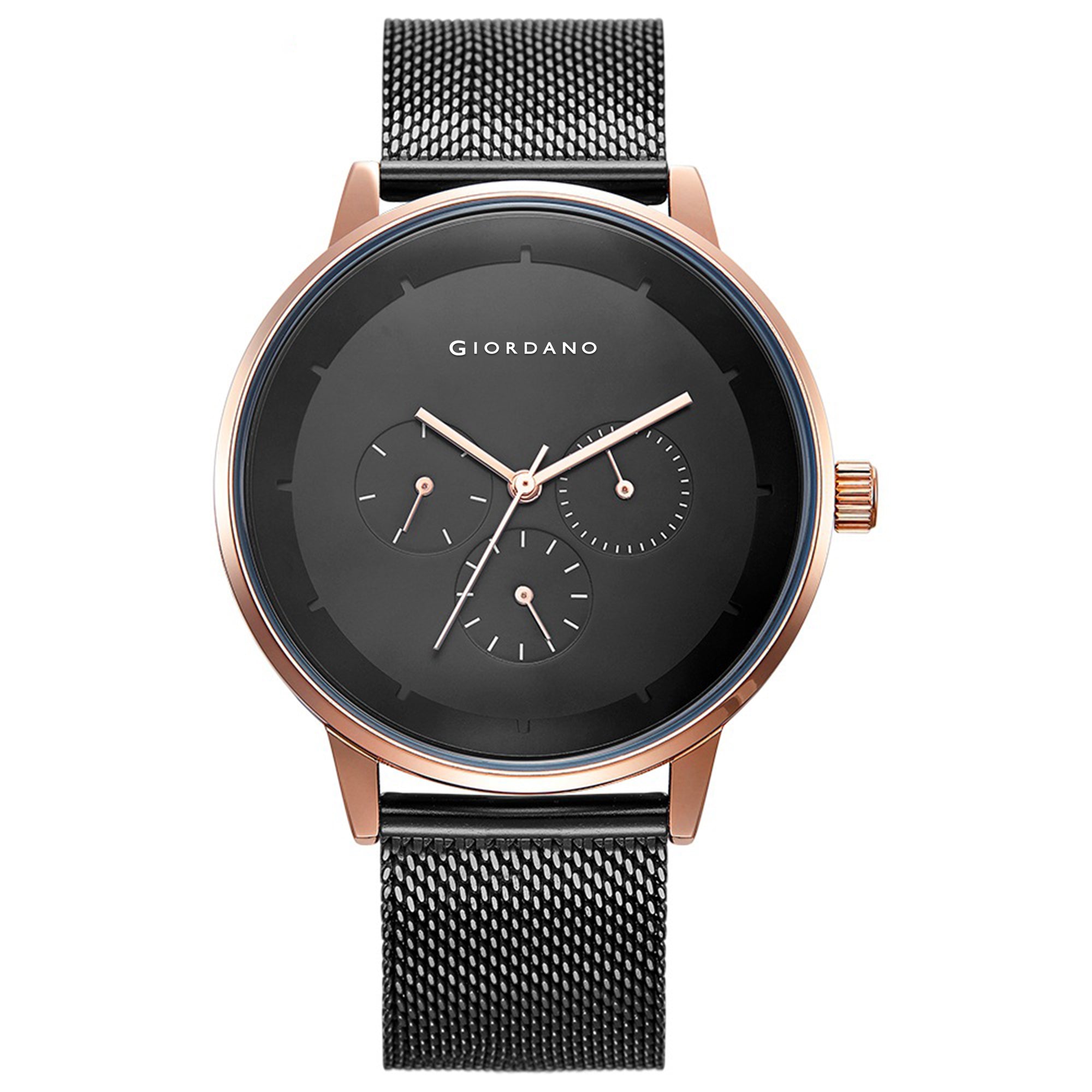 Giordano Skyscrapper Collection Multi-Function Rose Gold Watch for Man with White Dial and Rose Gold Metal Mesh Strap Wrist Watches for Men, with Classy Mesh Band | GZ-50005-33