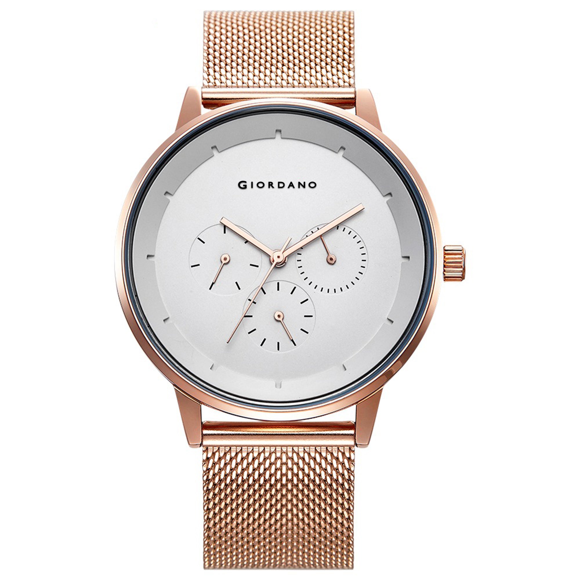 Giordano Skyscrapper Collection Multi-Function Rose Gold Watch for Man with White Dial and Rose Gold Metal Mesh Strap Wrist Watches for Men, with Classy Mesh Band | GZ-50005-22