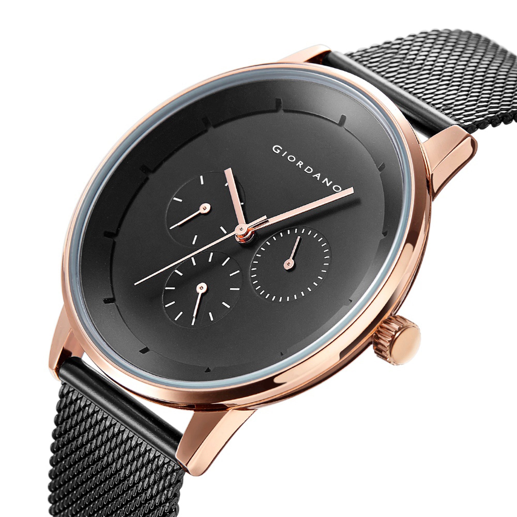 Giordano Skyscrapper Collection Multi-Function Rose Gold Watch for Man with White Dial and Rose Gold Metal Mesh Strap Wrist Watches for Men, with Classy Mesh Band | GZ-50005-33