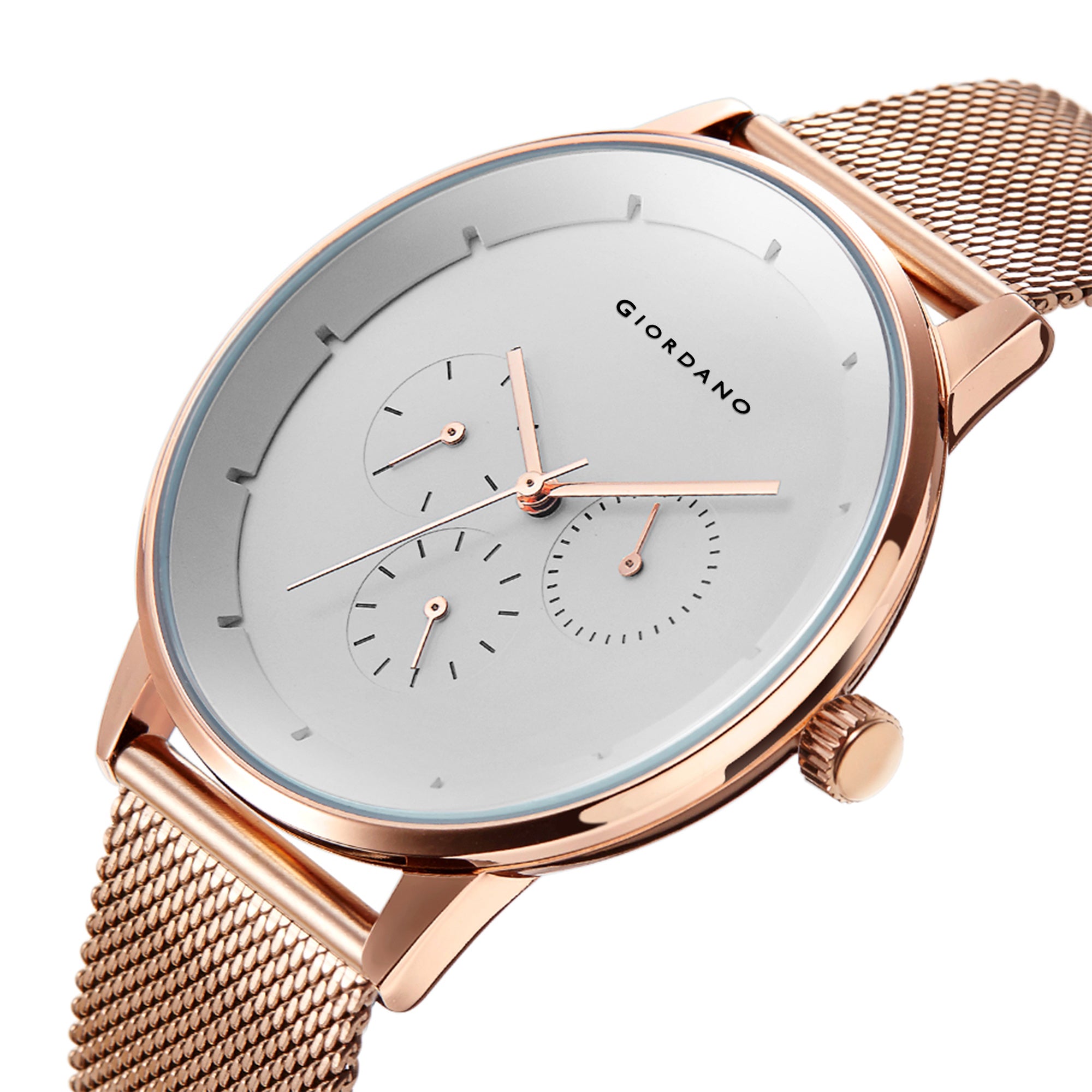 Giordano Skyscrapper Collection Multi-Function Rose Gold Watch for Man with White Dial and Rose Gold Metal Mesh Strap Wrist Watches for Men, with Classy Mesh Band | GZ-50005-22