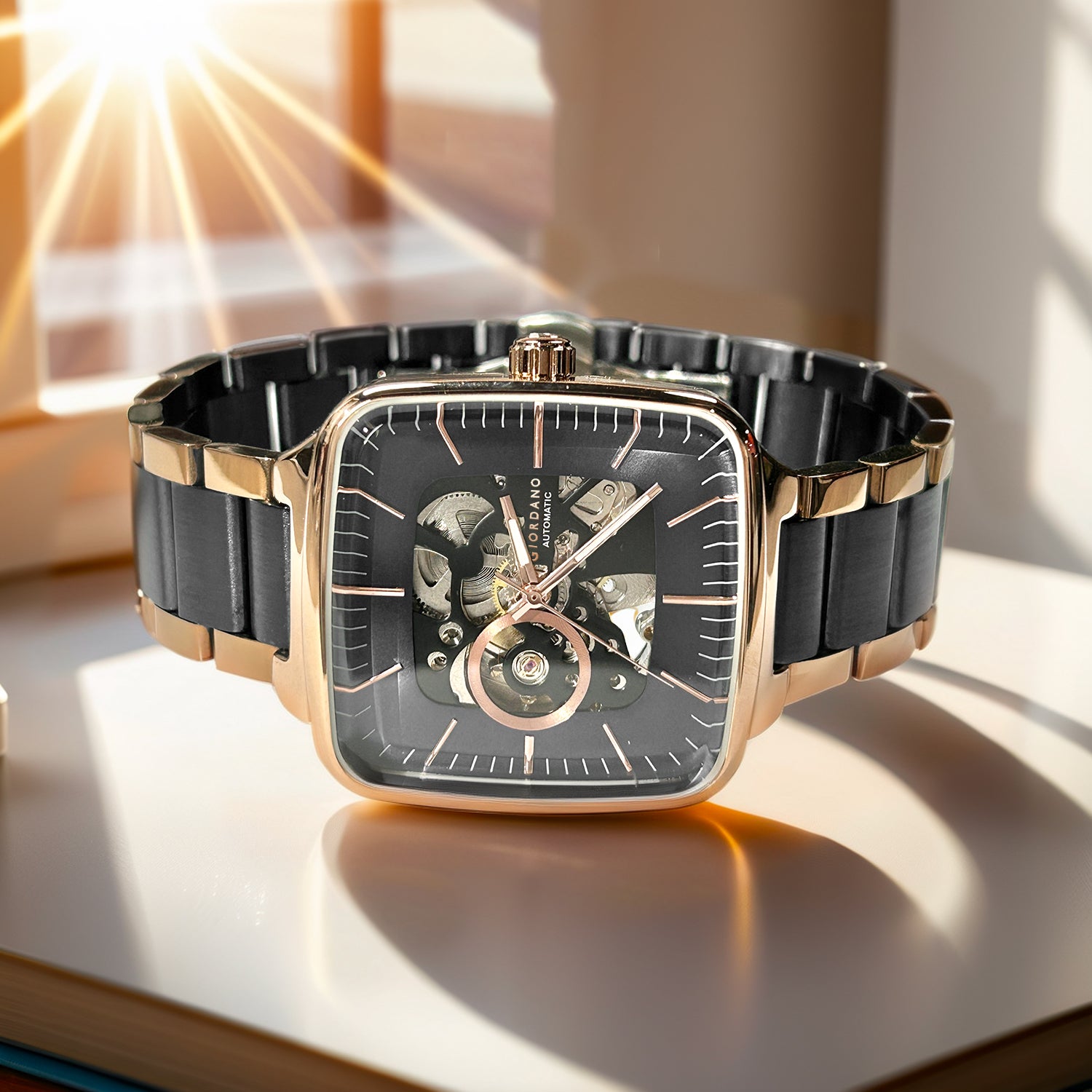 Giordano Luxury Watch for Men – Automatic Skeleton Square Dial, Stainless Steel Strap, Premium Mechanical Movement | GZ-50121-11