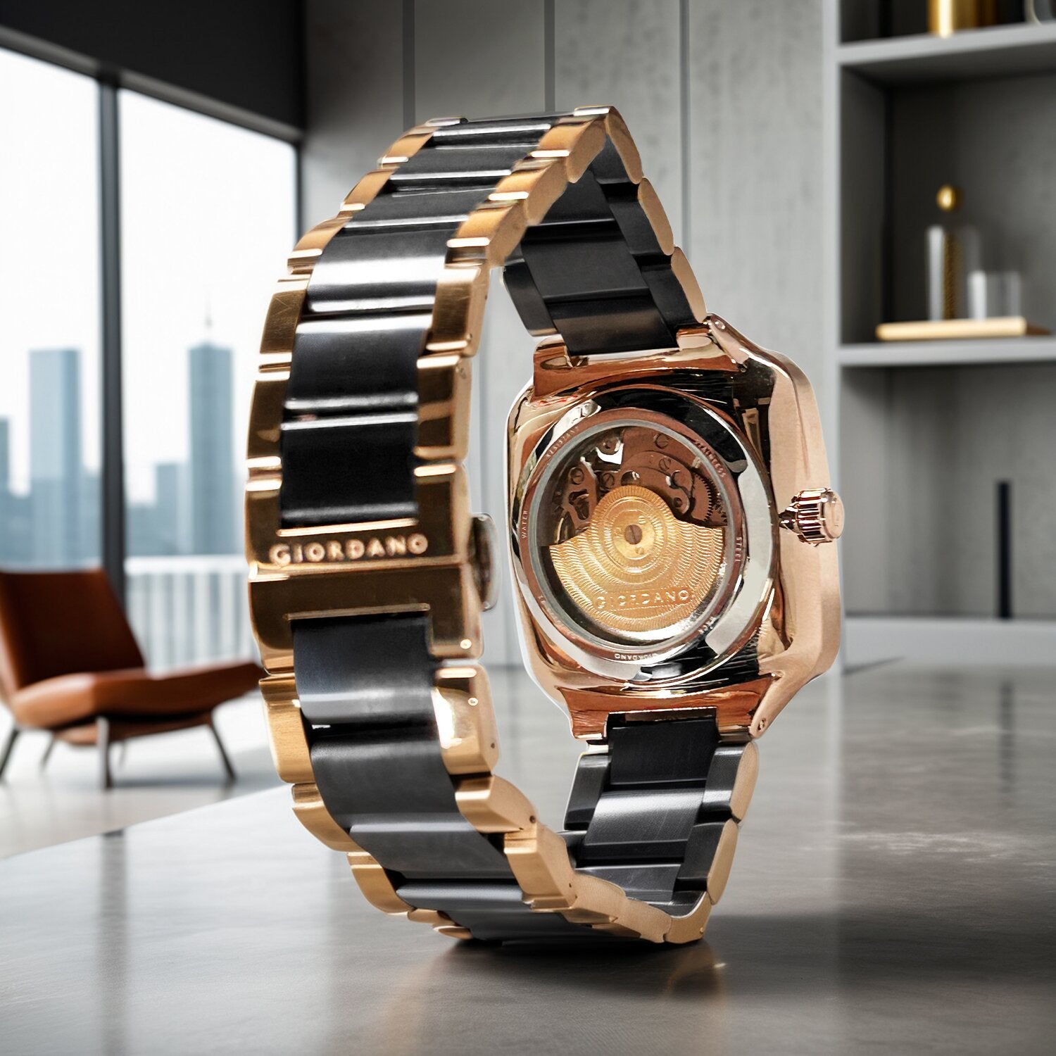 Giordano Luxury Watch for Men – Automatic Skeleton Square Dial, Stainless Steel Strap, Premium Mechanical Movement | GZ-50121-11