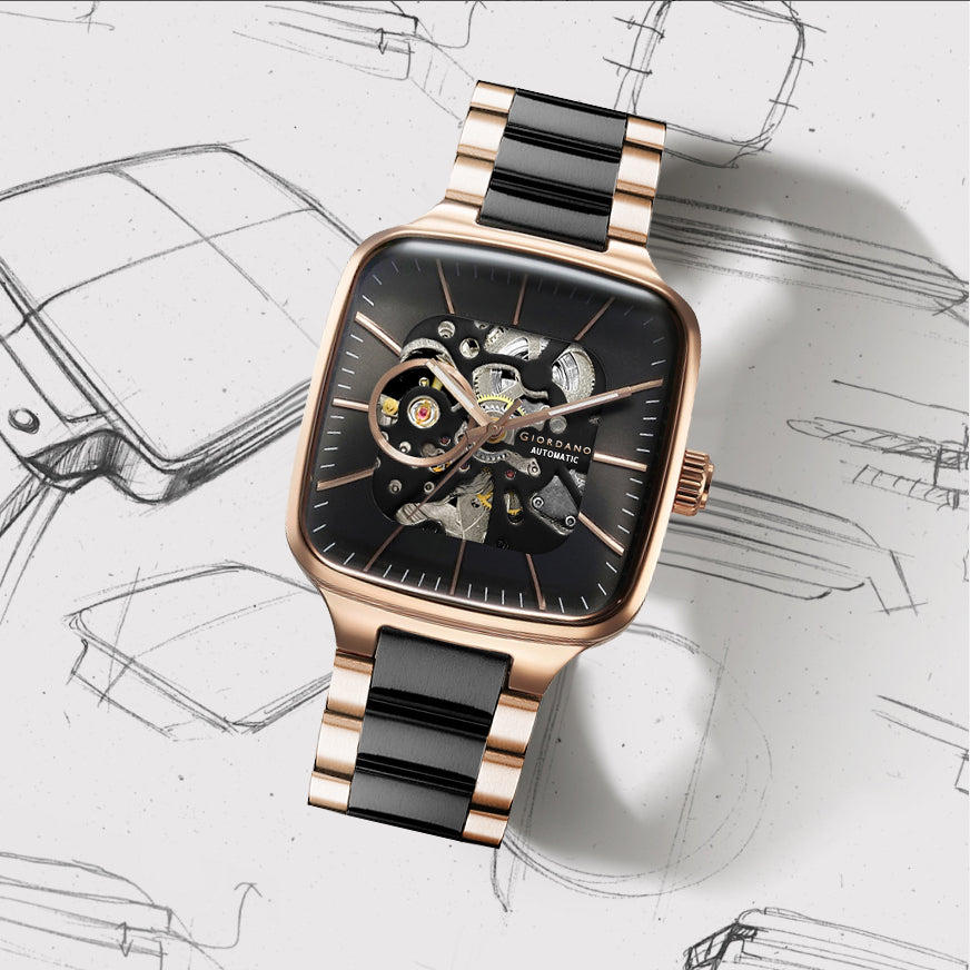 Giordano Luxury Watch for Men – Automatic Skeleton Square Dial, Stainless Steel Strap, Premium Mechanical Movement | GZ-50121-11