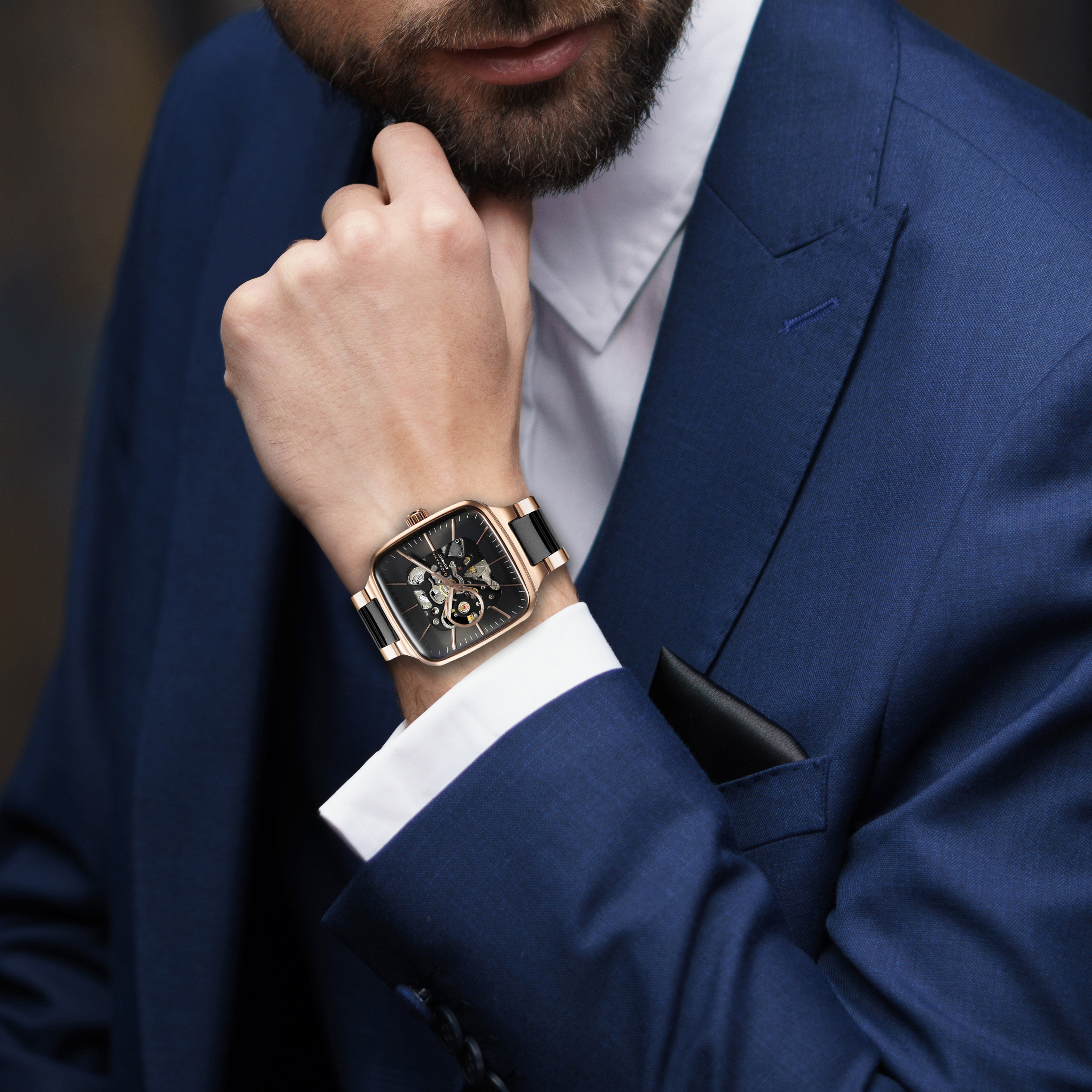 Giordano Luxury Watch for Men – Automatic Skeleton Square Dial, Stainless Steel Strap, Premium Mechanical Movement | GZ-50121-11