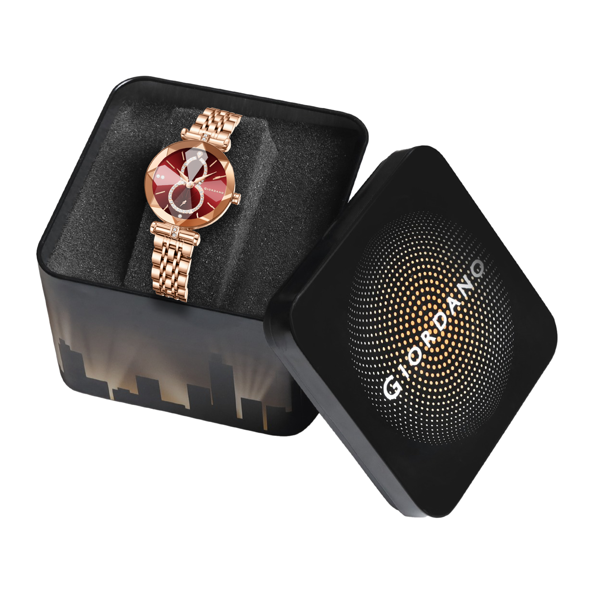 Giordano Luxury Watch for women Round Diamond cut glass Dial,  Elegant Stainless Steel Strap with Quartz Movement-GZ-60092-22