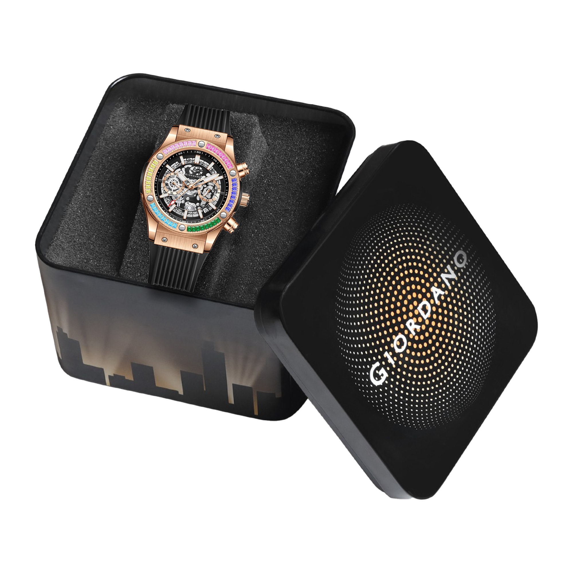 Giordano Multi-Function Watch for Men | Rainbow Crystal Bezel | Skeleton Dial | Black Sillicon Strap | GZ-50130-03
