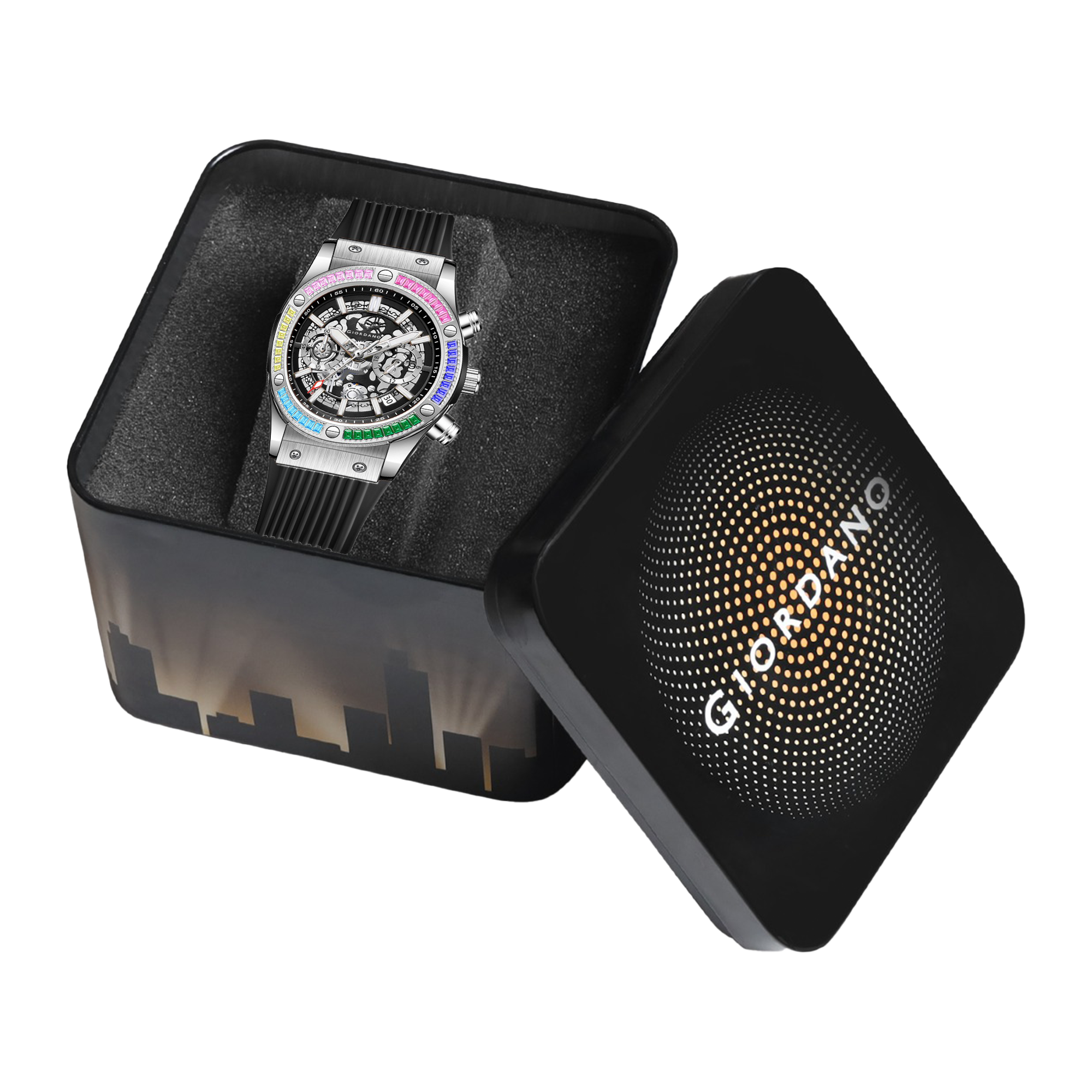 Giordano Multi-Function Watch for Men | Rainbow Crystal Bezel | Skeleton Dial | Black Sillicon Strap | GZ-50130-02
