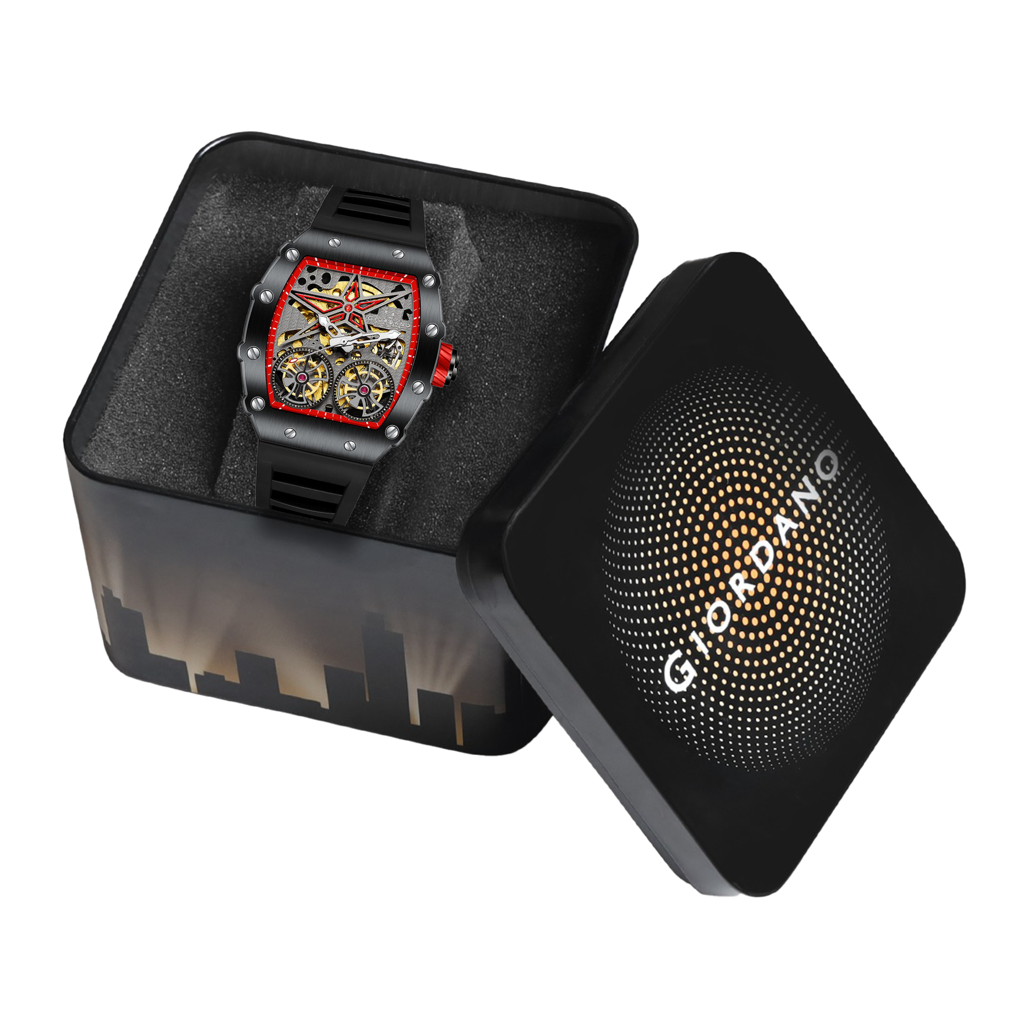 Giordano Luxury Automatic Watch for Men – Mechanical Skeleton Dial, Dual Gear Display,Silicon Strap | GZ-50128-02