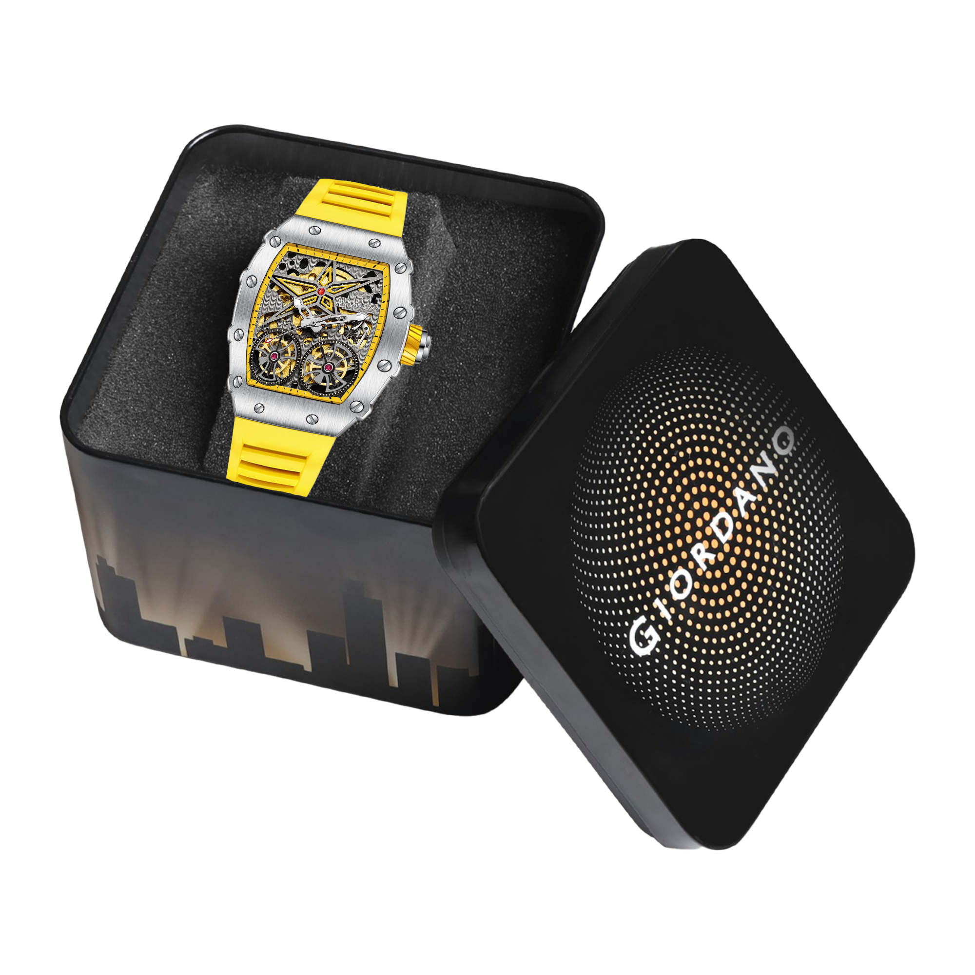Giordano Luxury Automatic Watch for Men – Mechanical Skeleton Dial, Dual Gear Display,Silicon Strap | GZ-50128-03
