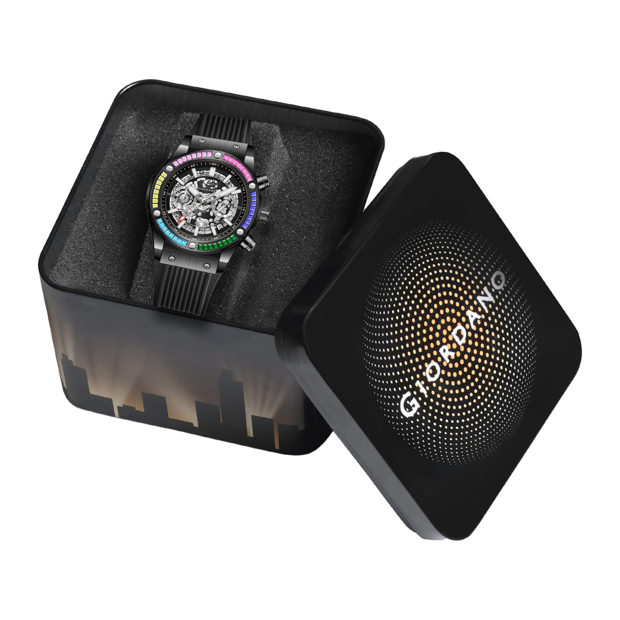 Giordano Multi-Function Watch for Men | Rainbow Crystal Bezel | Skeleton Dial | Black Sillicon Strap | GZ-50130-01